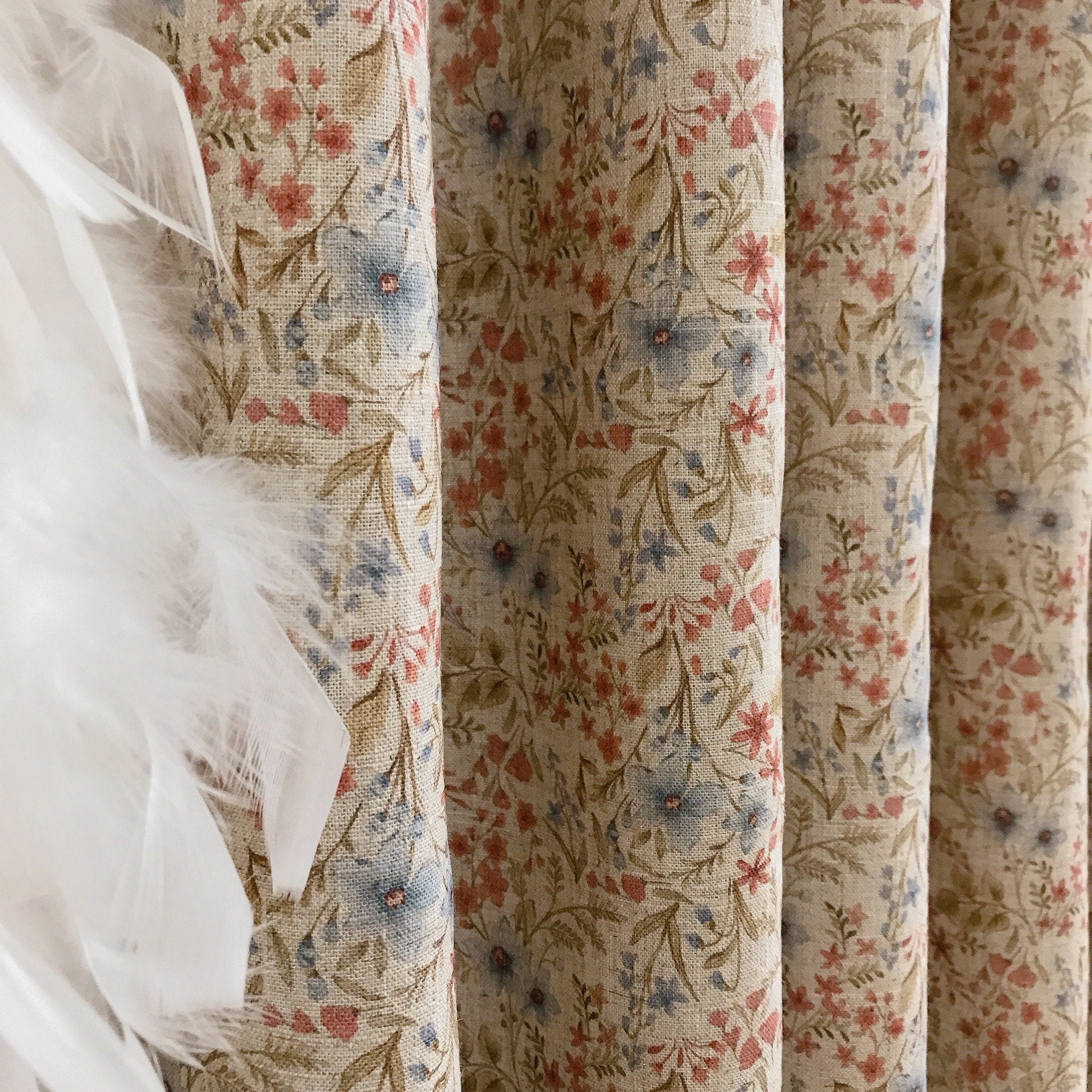 Faded Blue Brick Floral Curtain on Natural Beige