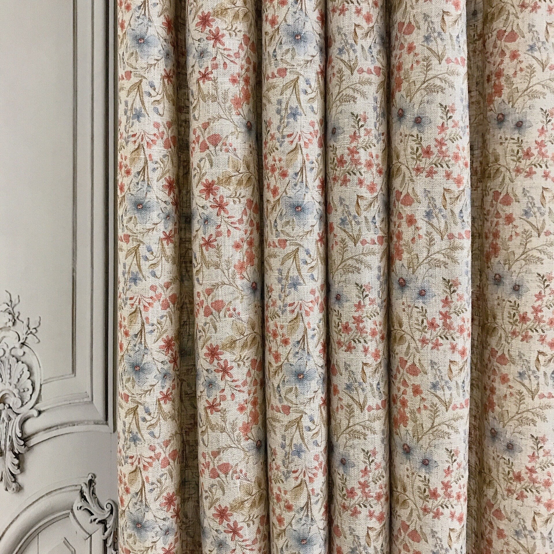 Faded Blue Brick Floral Curtain on Natural Beige