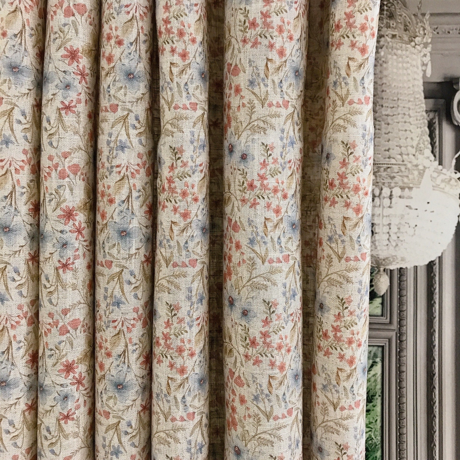 Faded Blue Brick Floral Curtain on Natural Beige