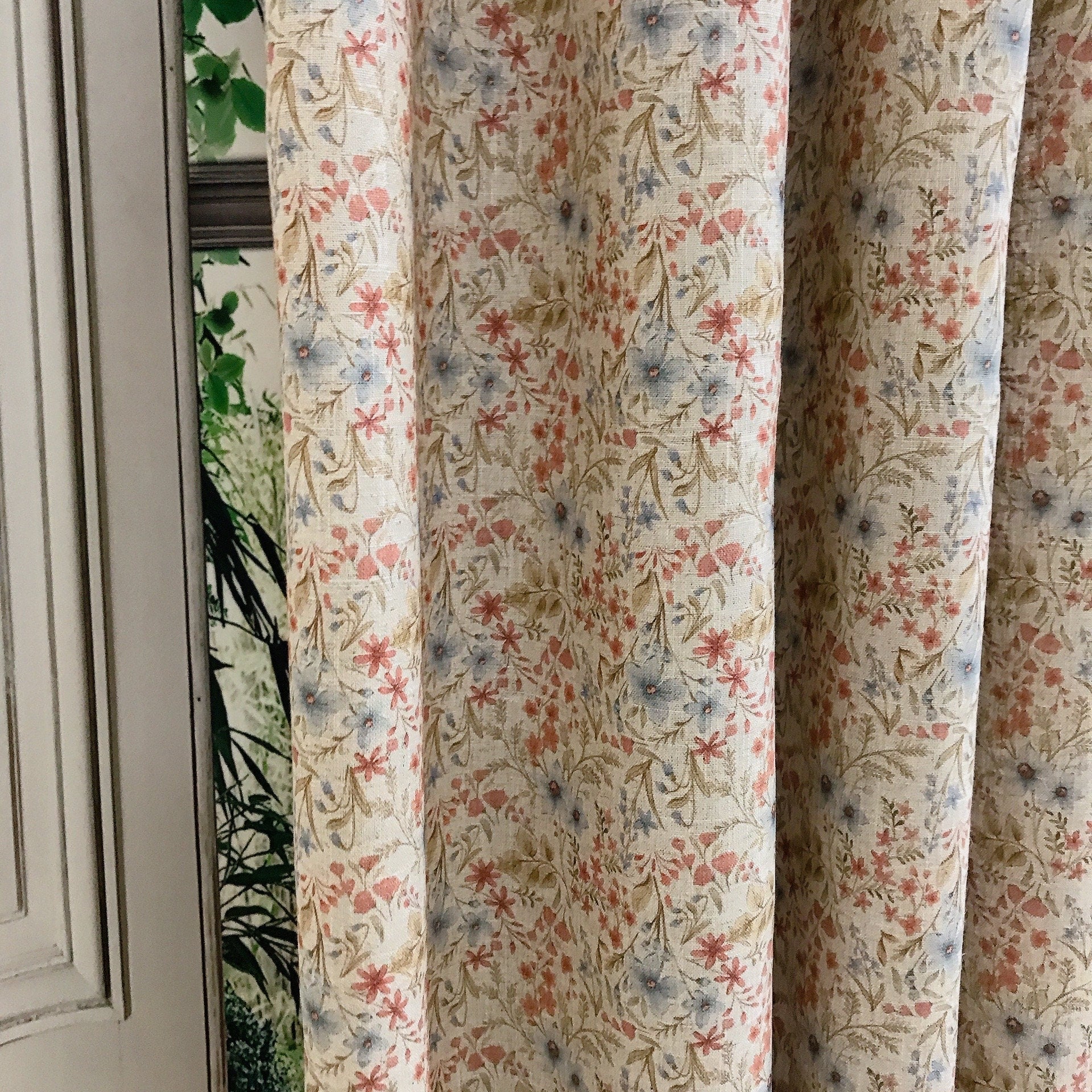 Faded Blue Brick Floral Curtain on Natural Beige