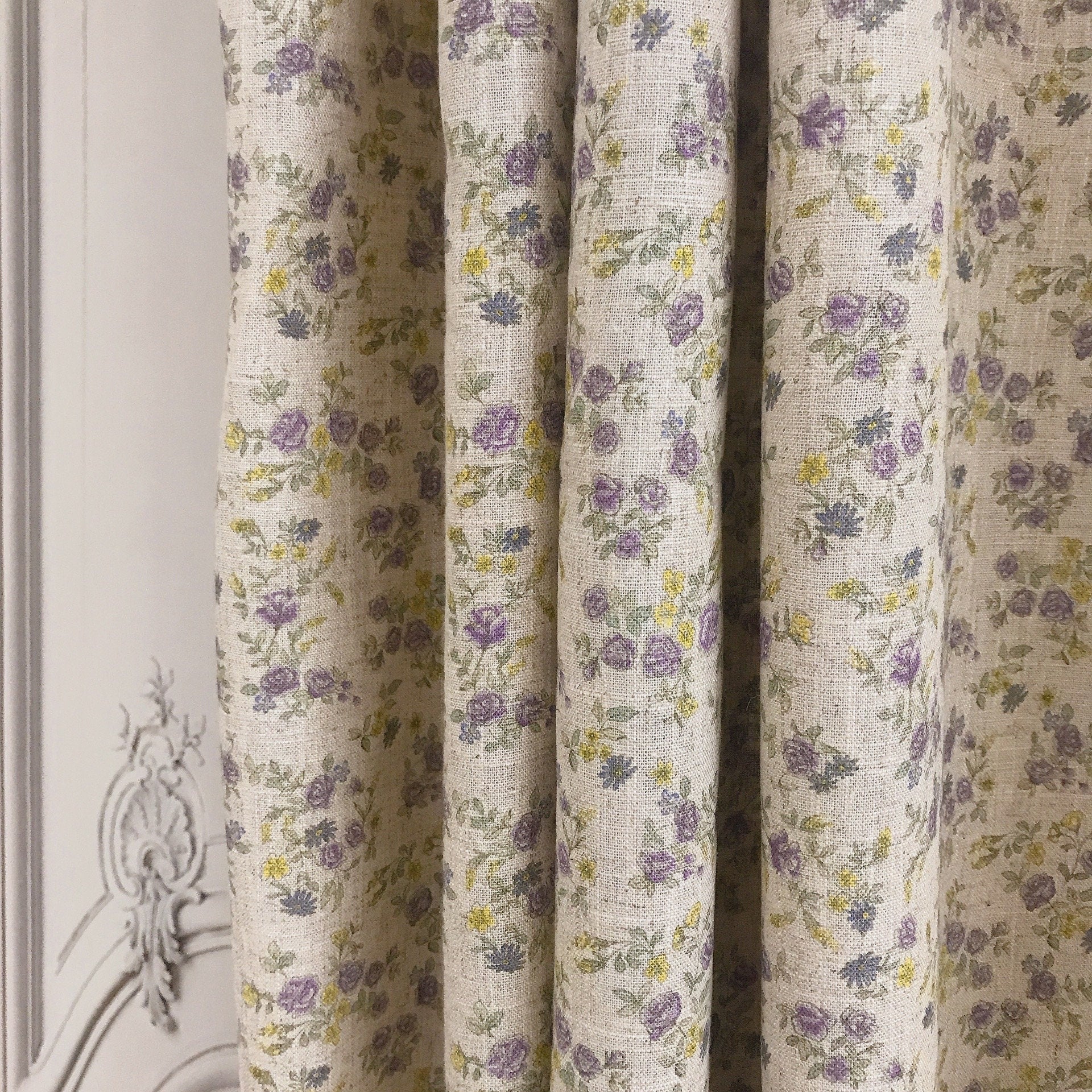 Purple and Lemon Floral Curtain on Natural Beige