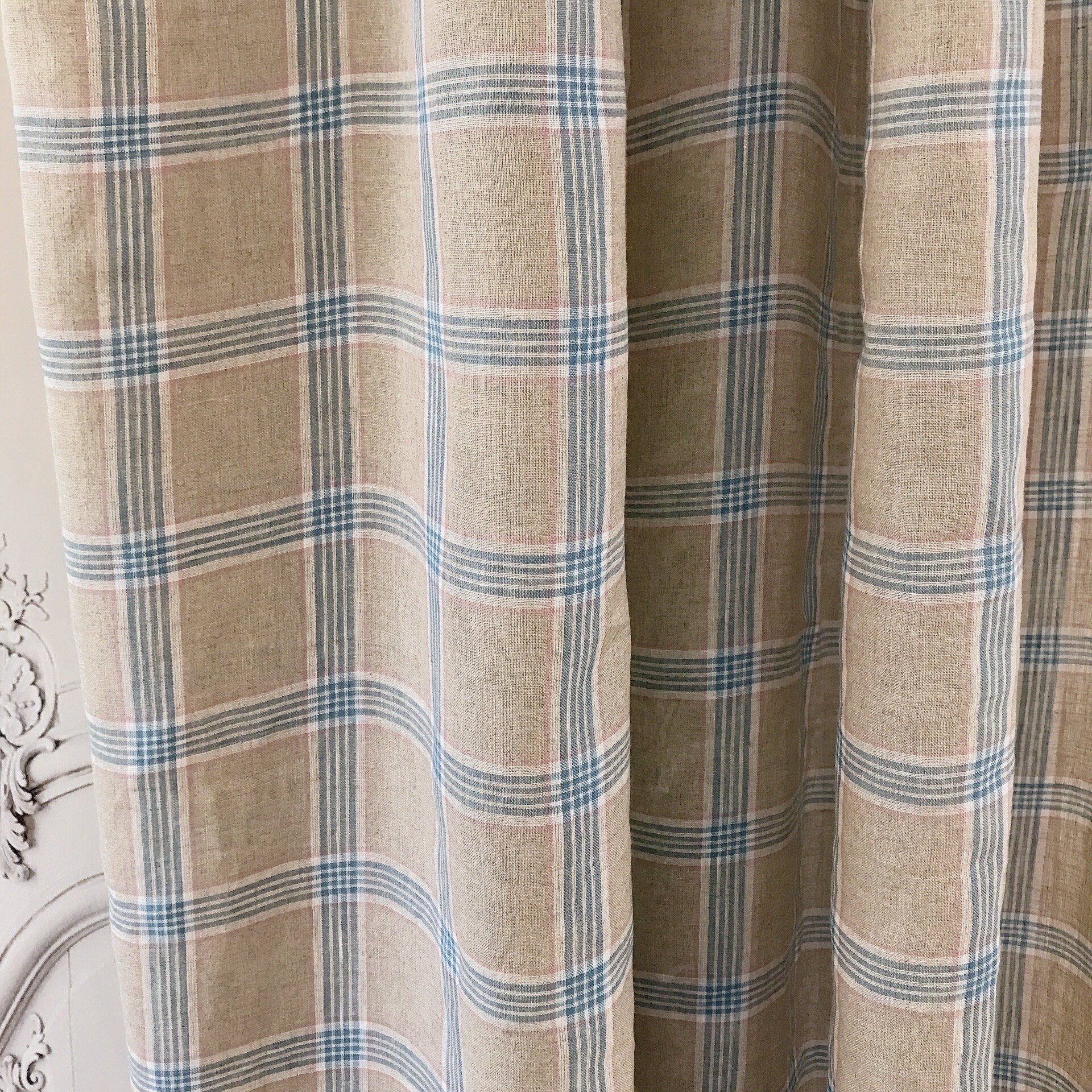 Blue Pink and White Plaid Linen Curtain on Light Grey