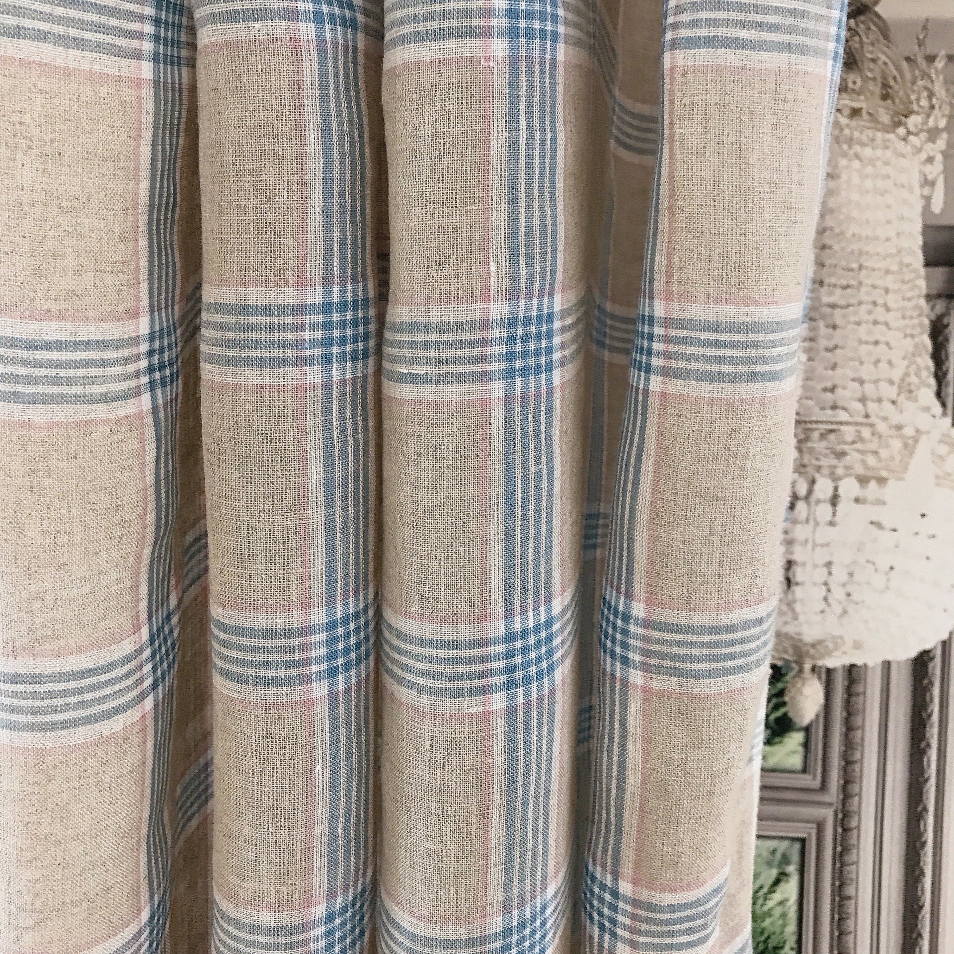 Blue Pink and White Plaid Linen Curtain on Light Grey