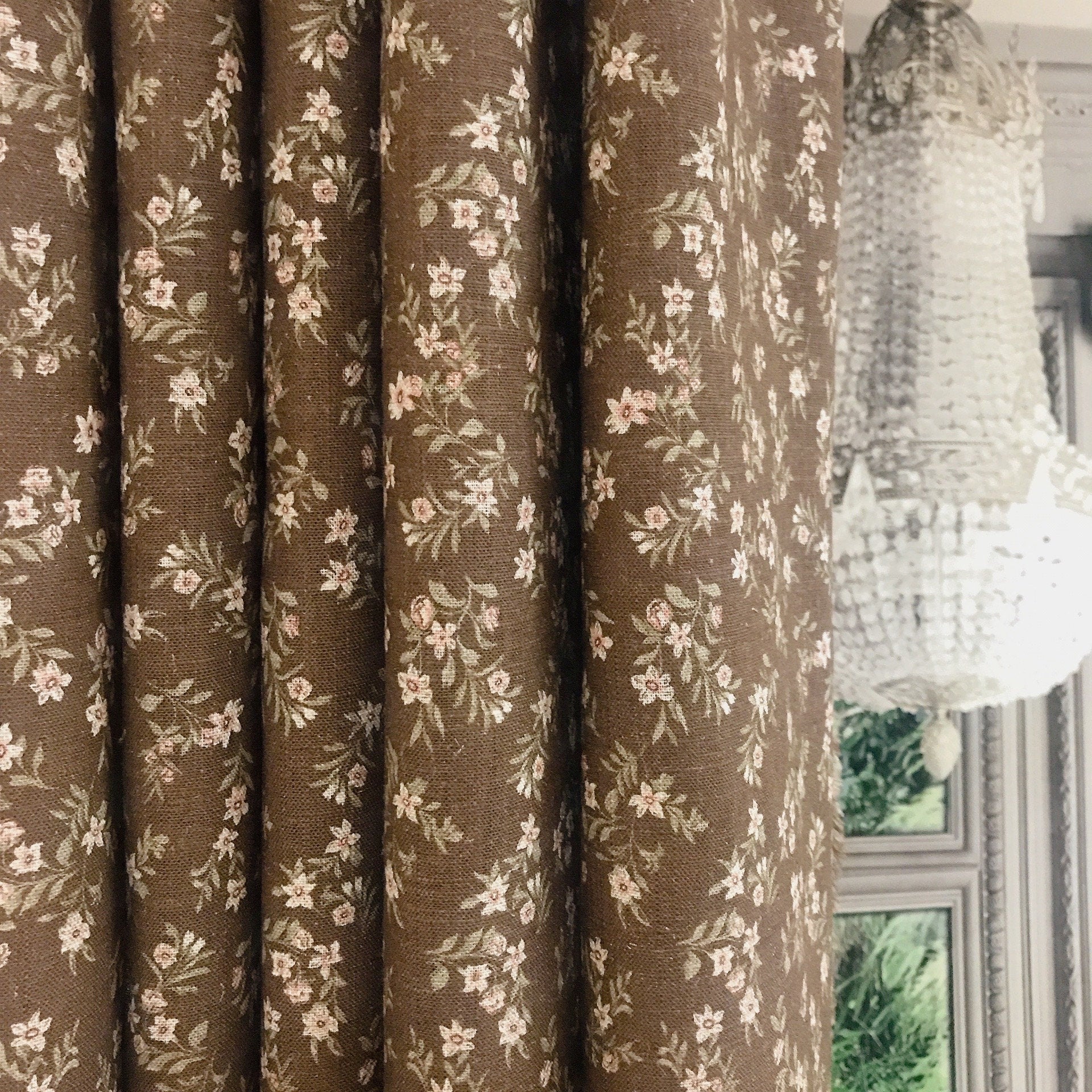 Tiny Pale Pink Floral Curtain on Deep Chocolate Brown
