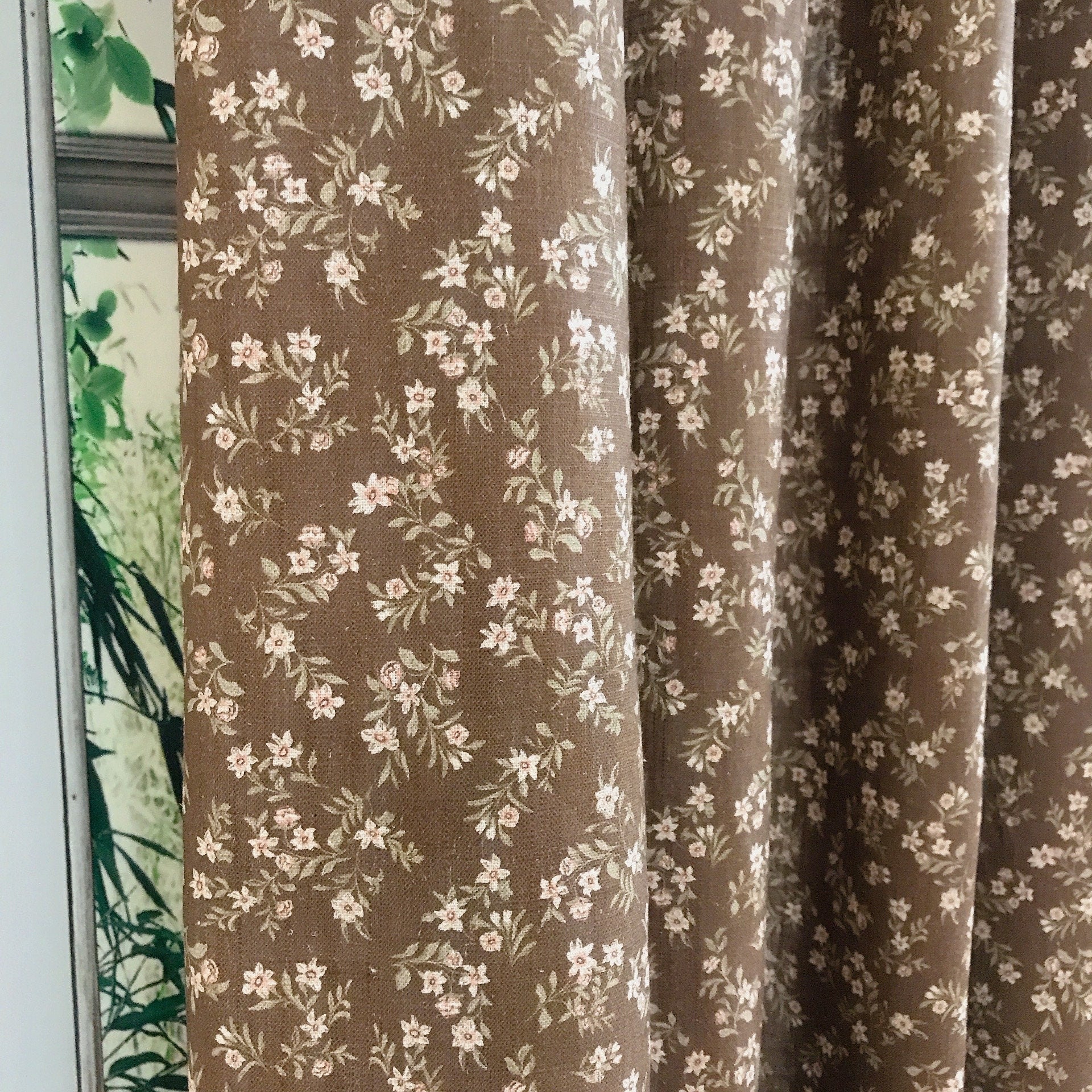 Tiny Pale Pink Floral Curtain on Deep Chocolate Brown