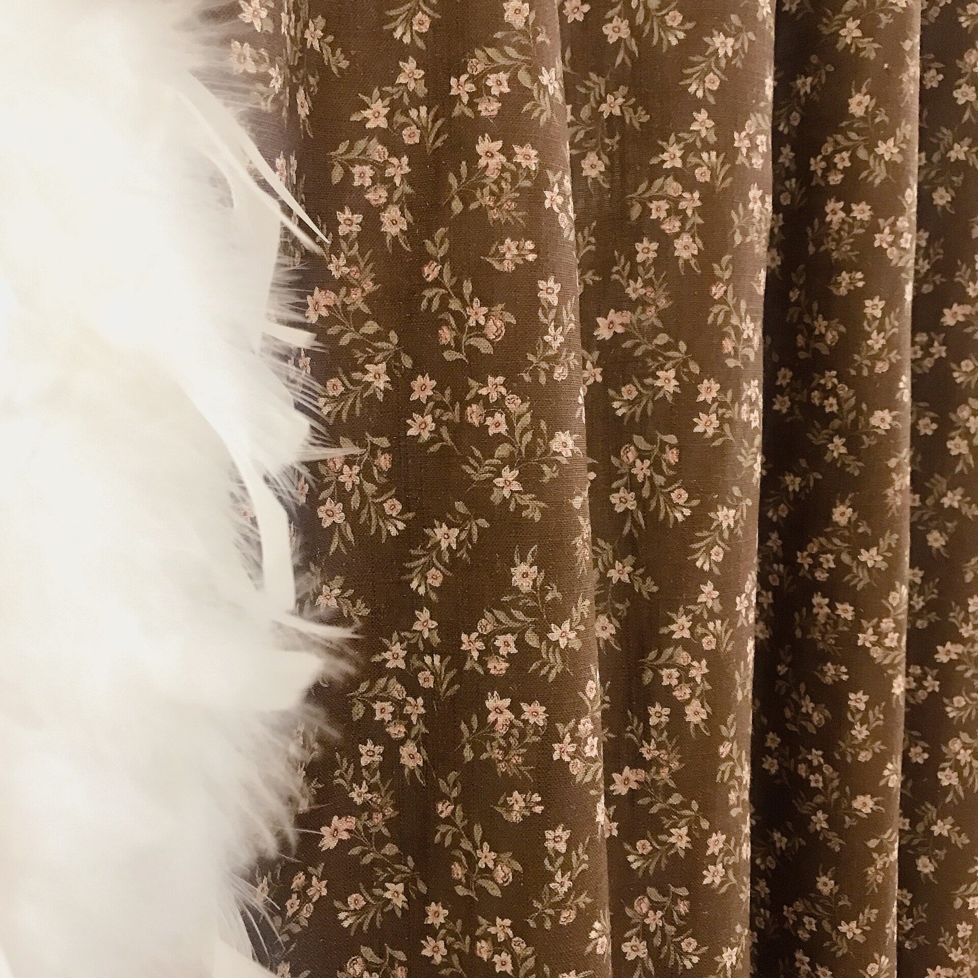 Tiny Pale Pink Floral Curtain on Deep Chocolate Brown