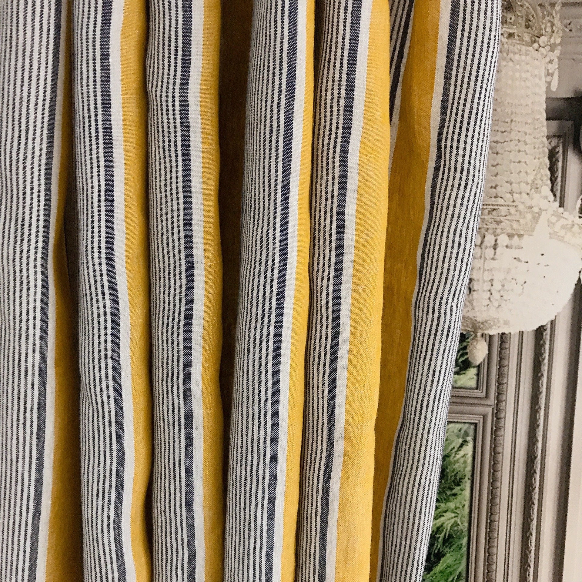 Indigo Blue Stripe Linen Curtain on Golden Mustard
