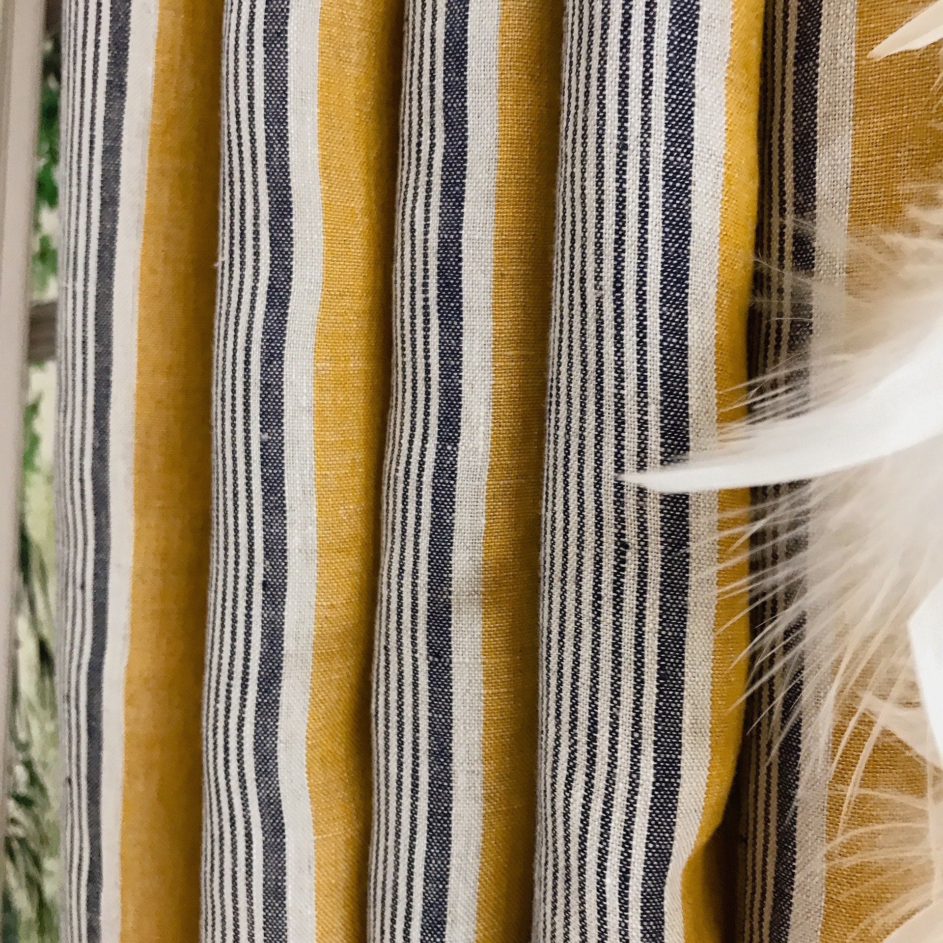 Indigo Blue Stripe Linen Curtain on Golden Mustard