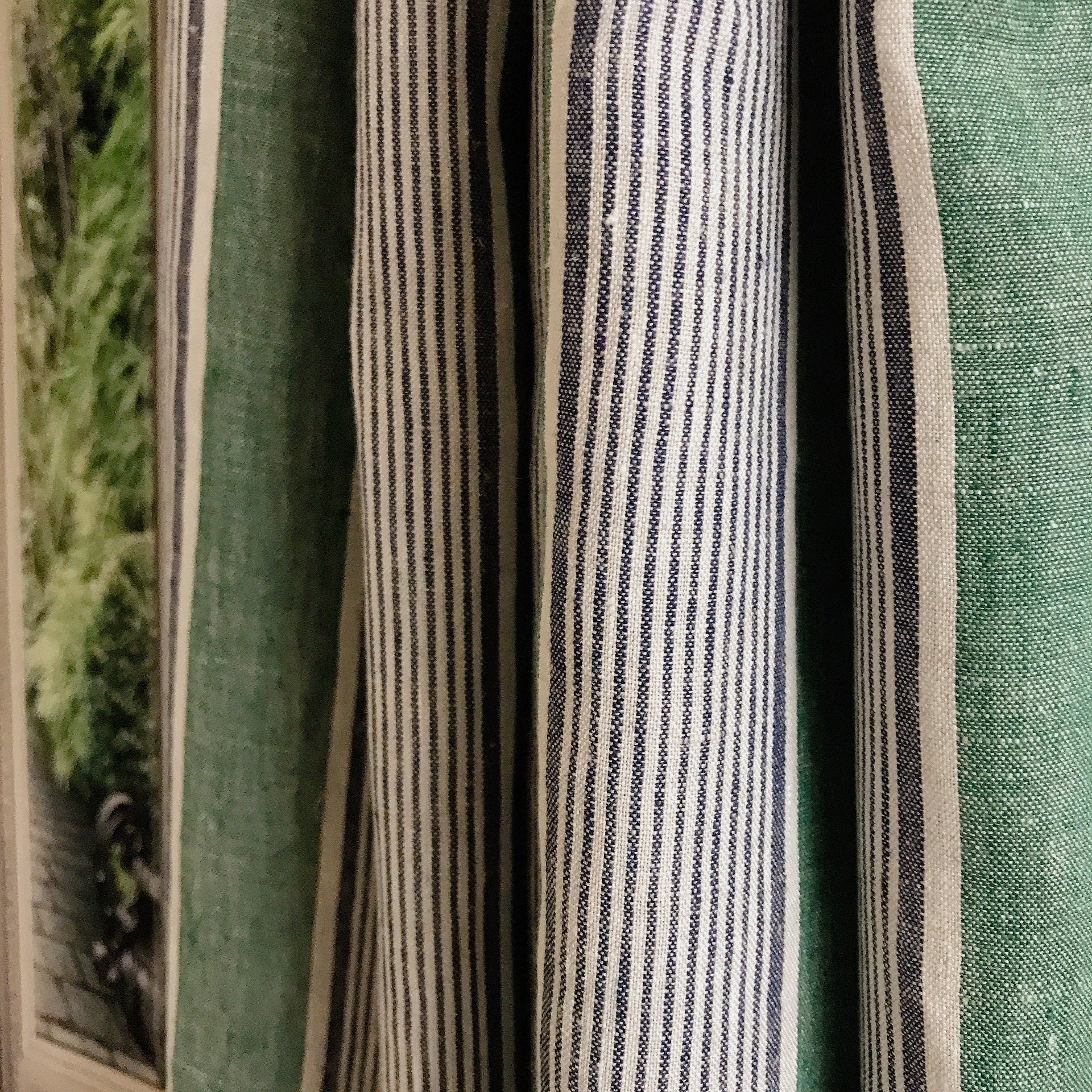 Indigo Blue Vertical Stripe Curtain on Faded Deep Green