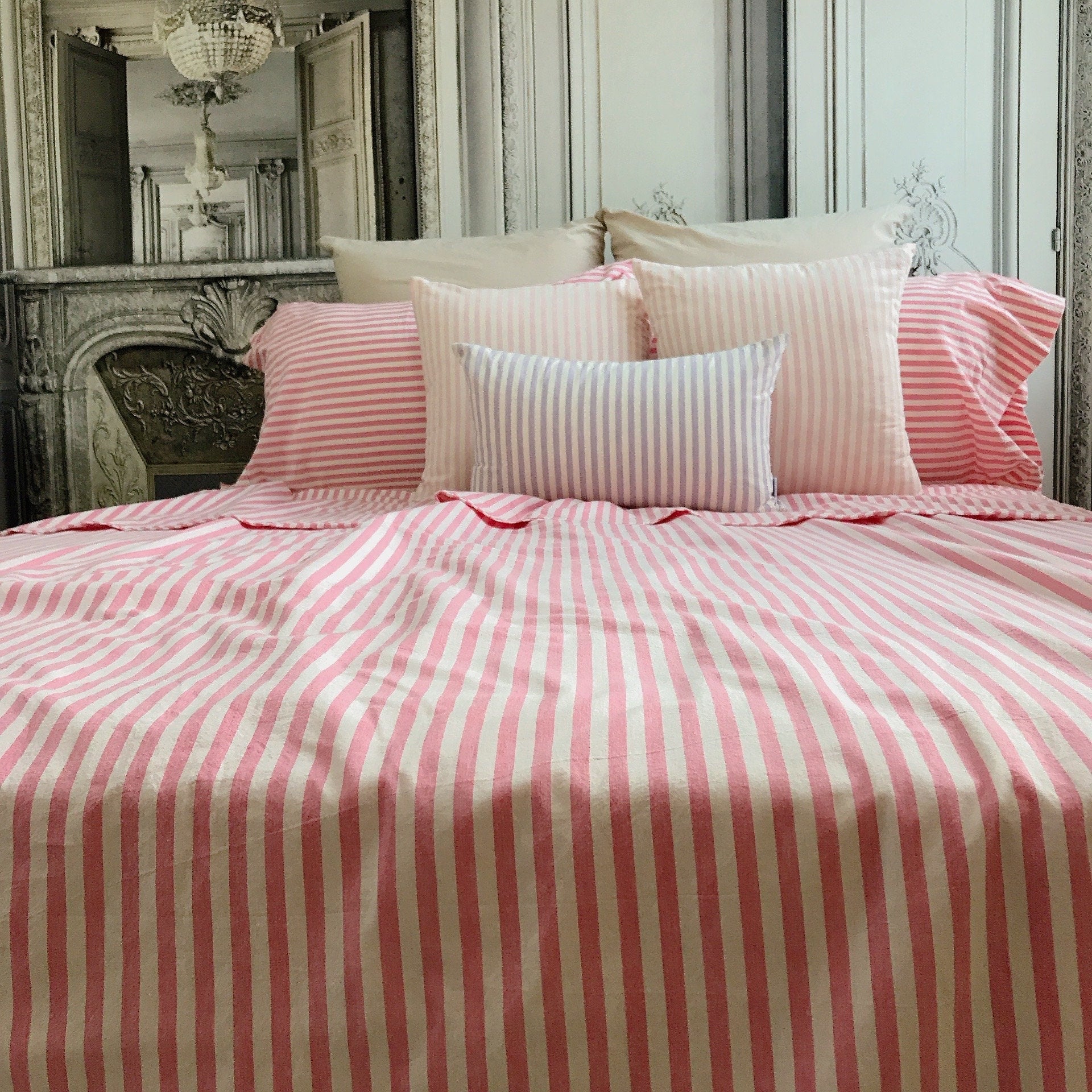 Modern Vintage Faded Hot Pink Striped Pattern Washed Cotton Ivory Background Duvet Cover Twin Queen Full King CalKing