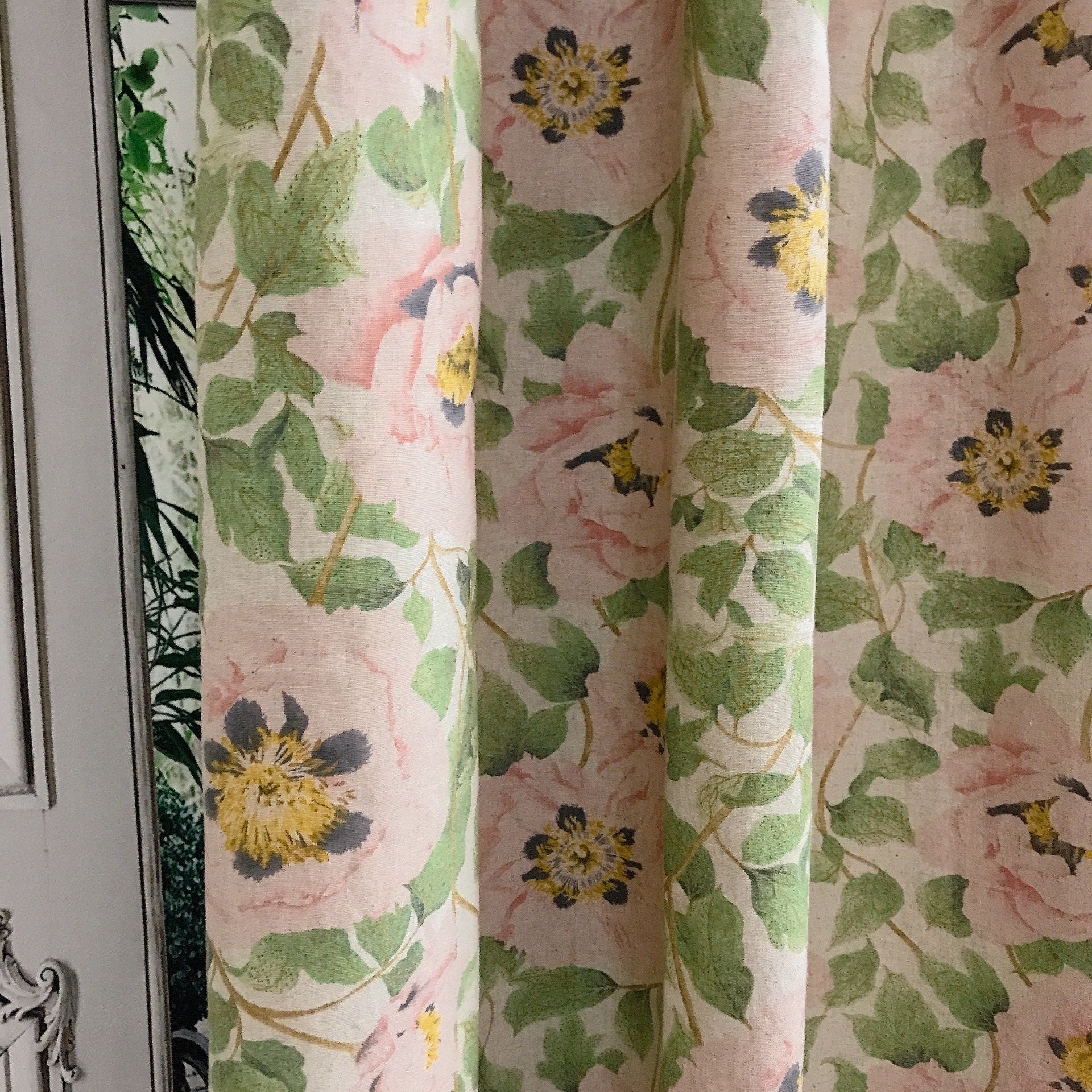 Pale Pink Peony Curtain on Natural Beige