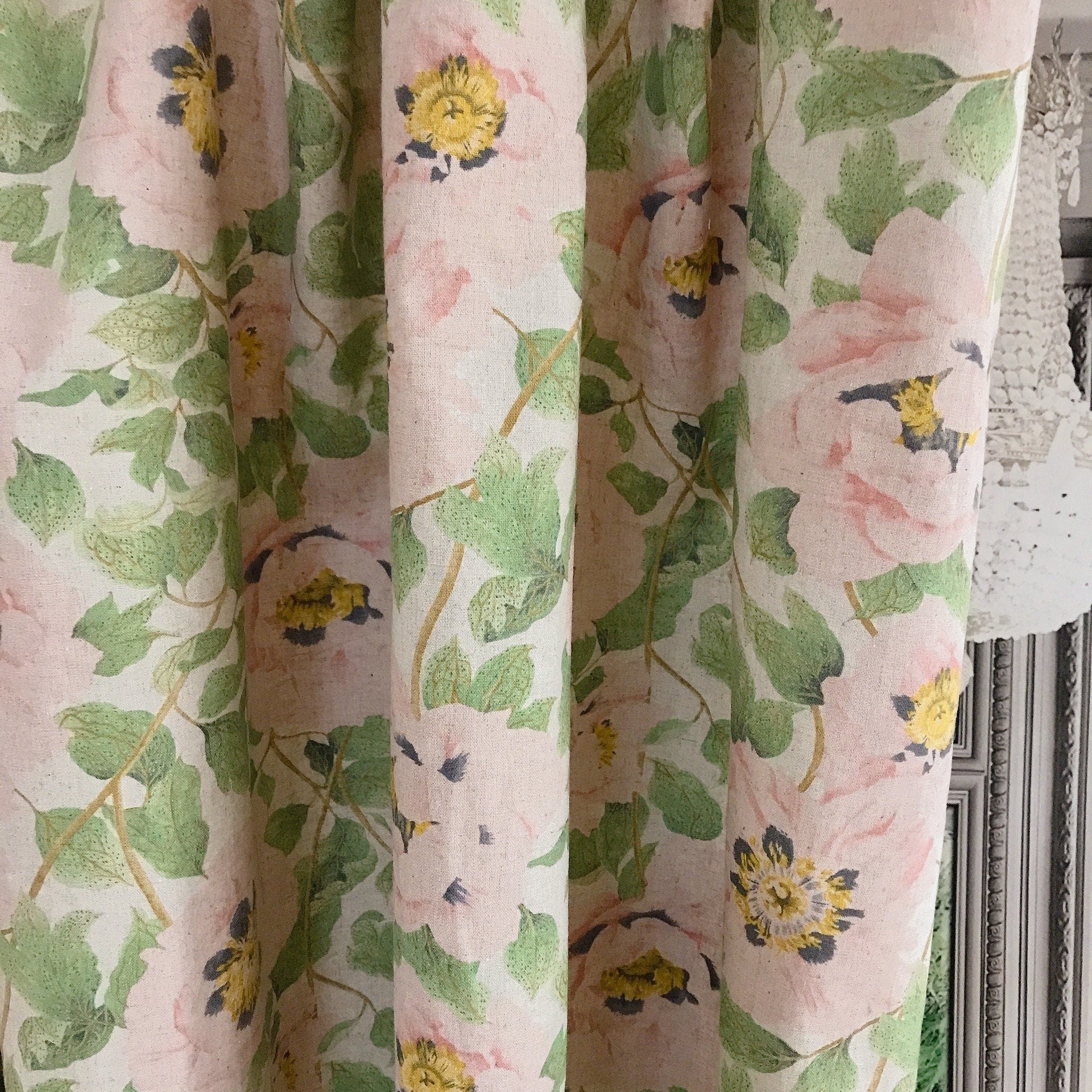 Pale Pink Peony Curtain on Natural Beige