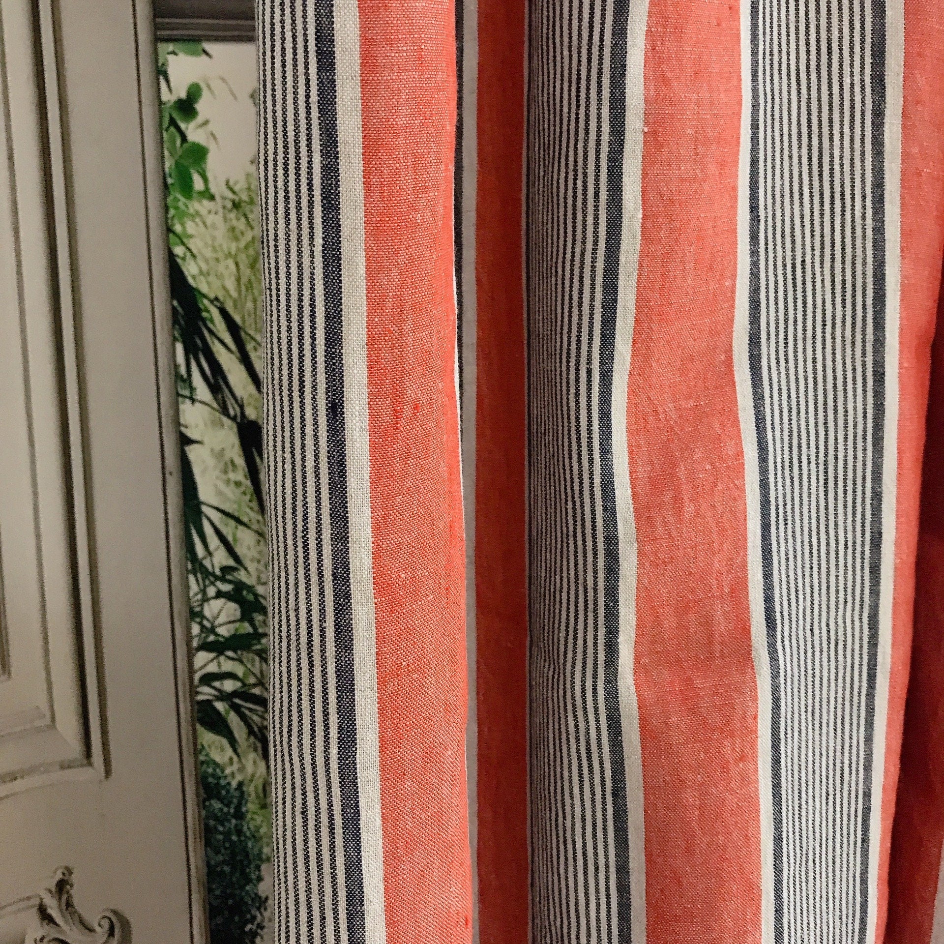 Indigo Blue Vertical Stripe Curtain on Faded Scarlet Red