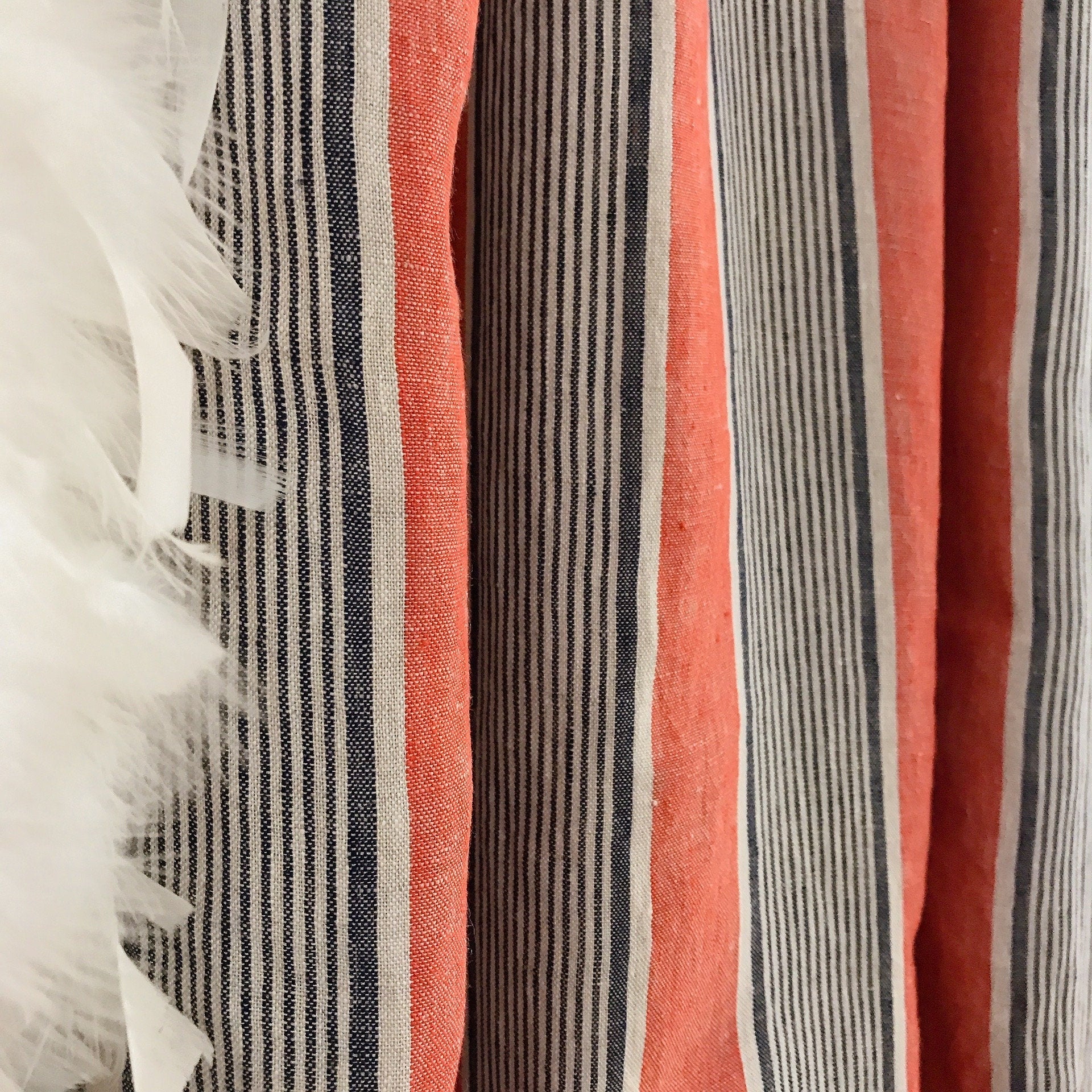 Indigo Blue Vertical Stripe Curtain on Faded Scarlet Red