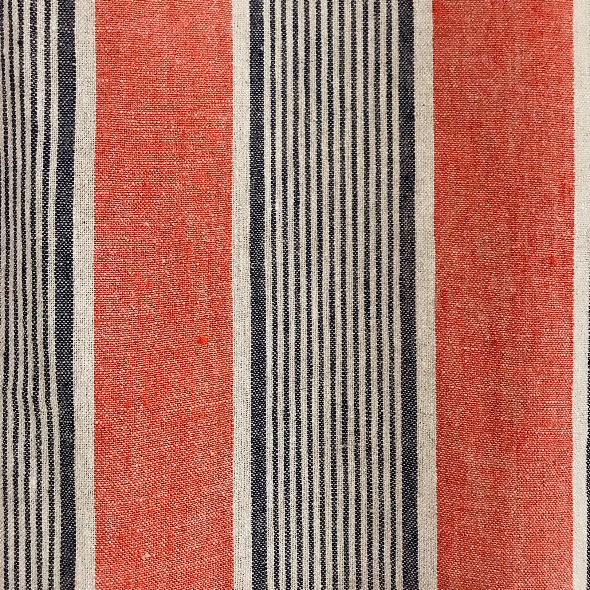 Indigo Blue Vertical Stripe Curtain on Faded Scarlet Red