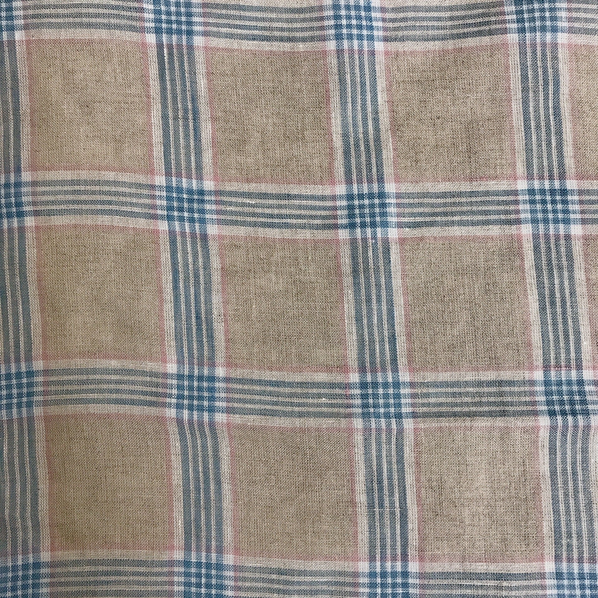 Blue Pink and White Plaid Linen Curtain on Light Grey