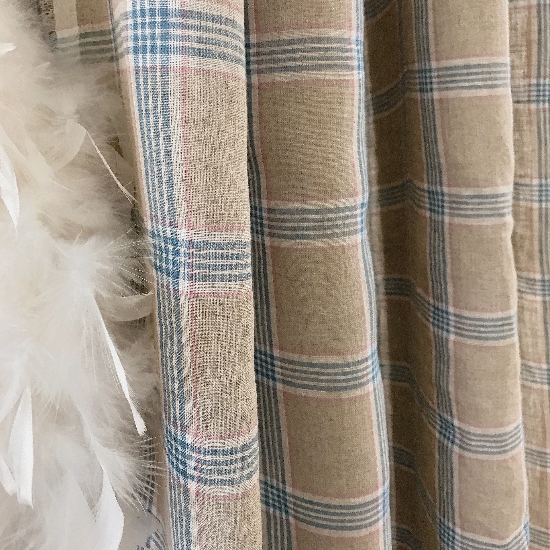 Blue Pink and White Plaid Linen Curtain on Light Grey