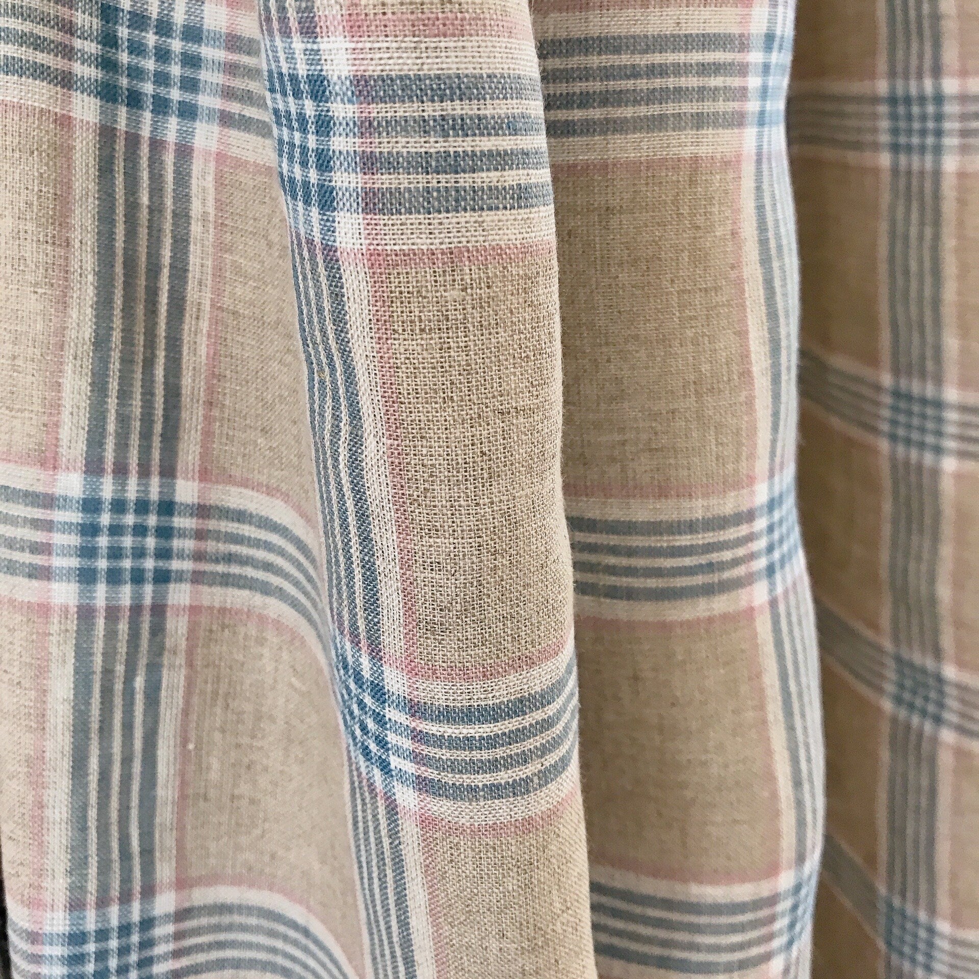 Blue Pink and White Plaid Linen Curtain on Light Grey