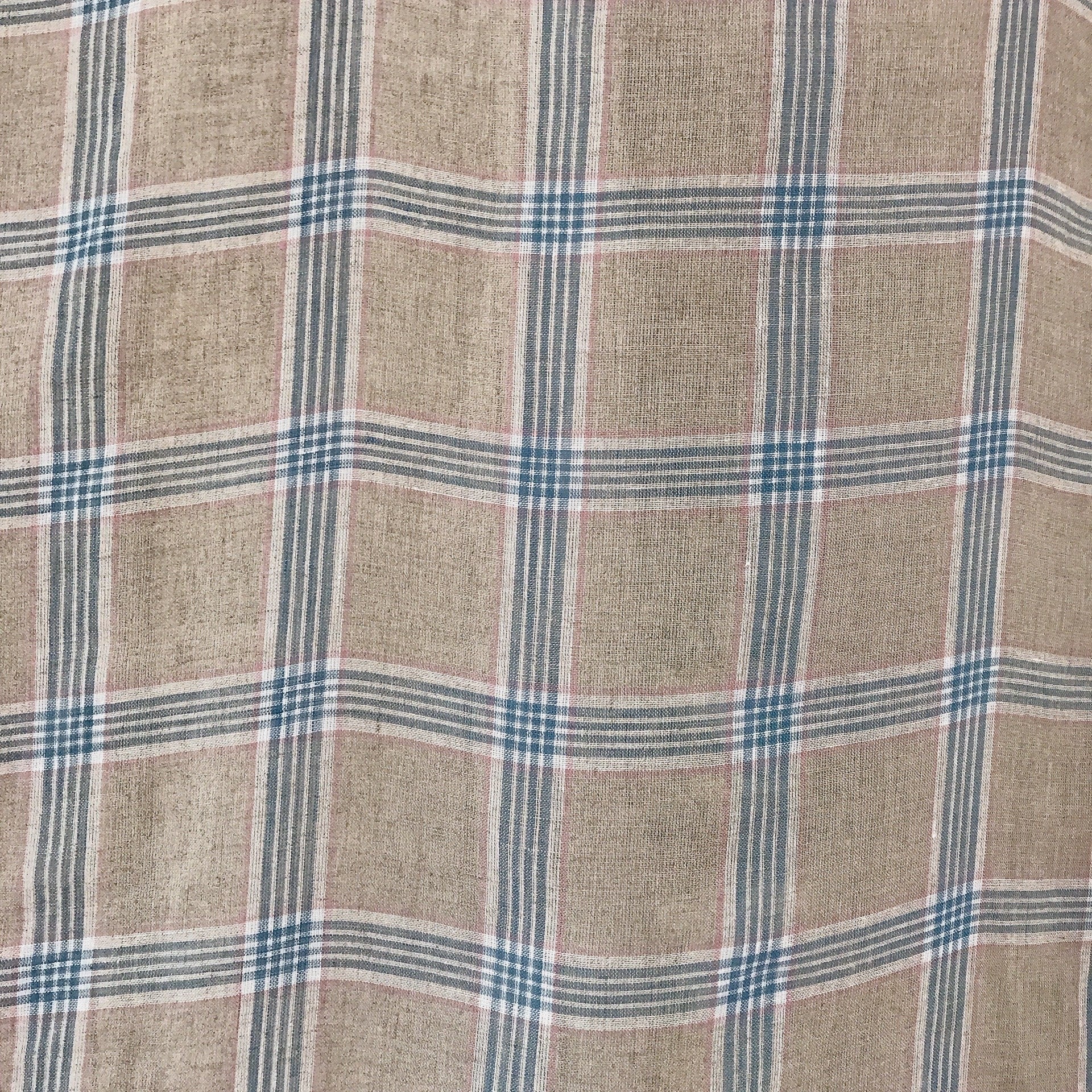 Blue Pink and White Plaid Linen Curtain on Light Grey