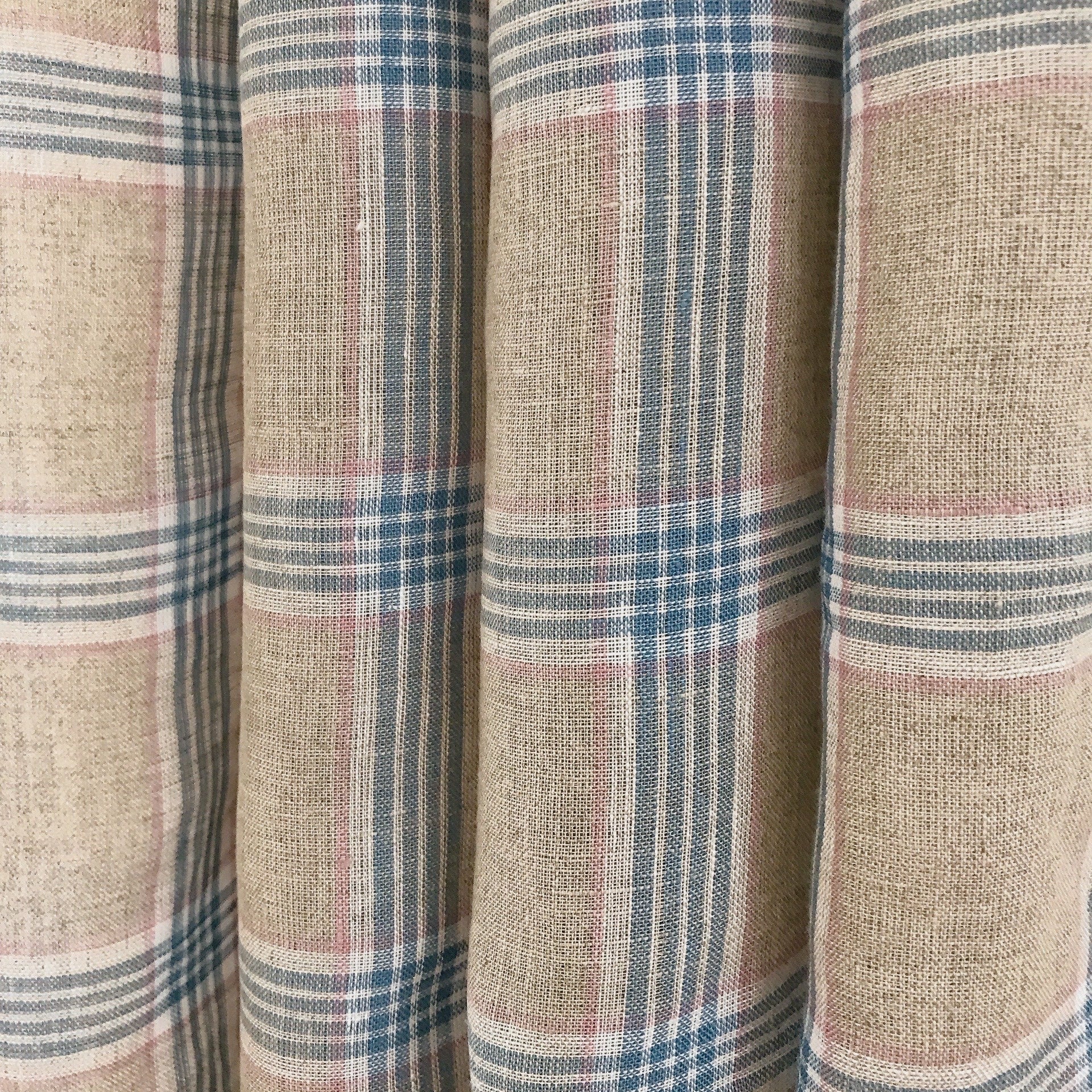Blue Pink and White Plaid Linen Curtain on Light Grey