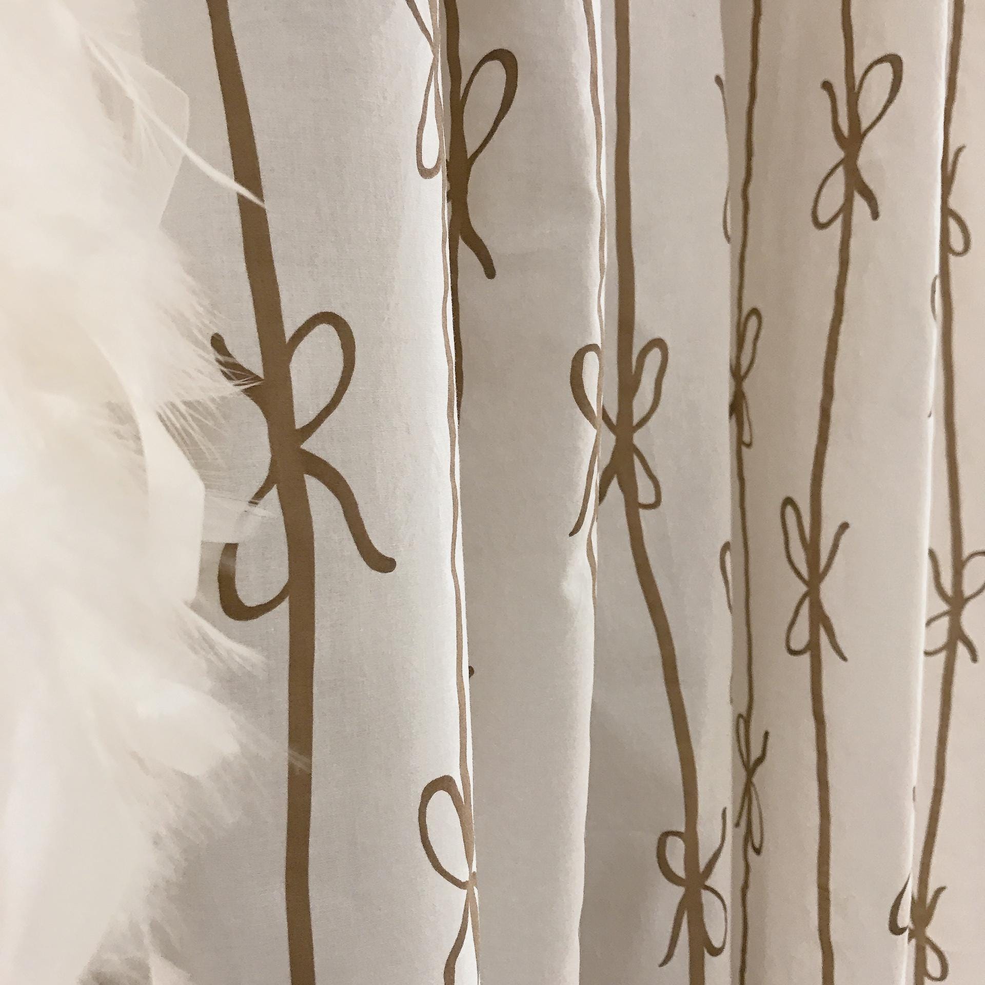 Brown Ribbon Print Curtain on White