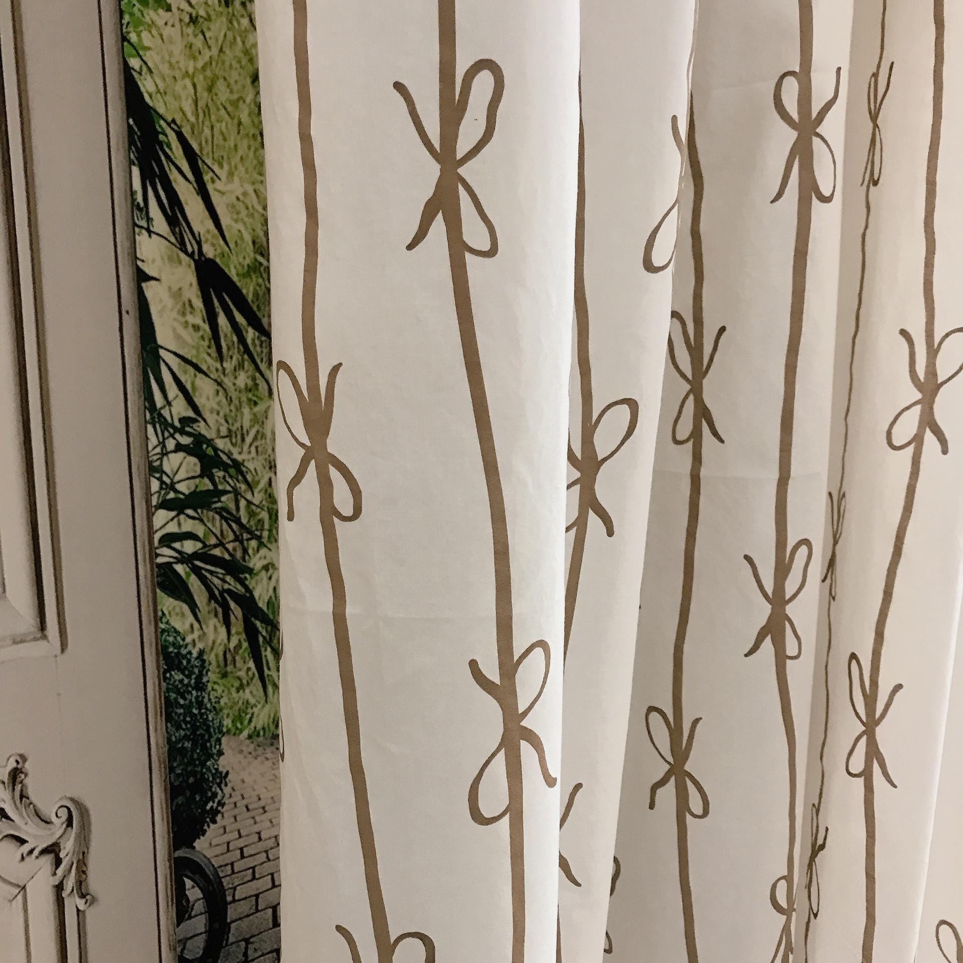 Brown Ribbon Print Curtain on White