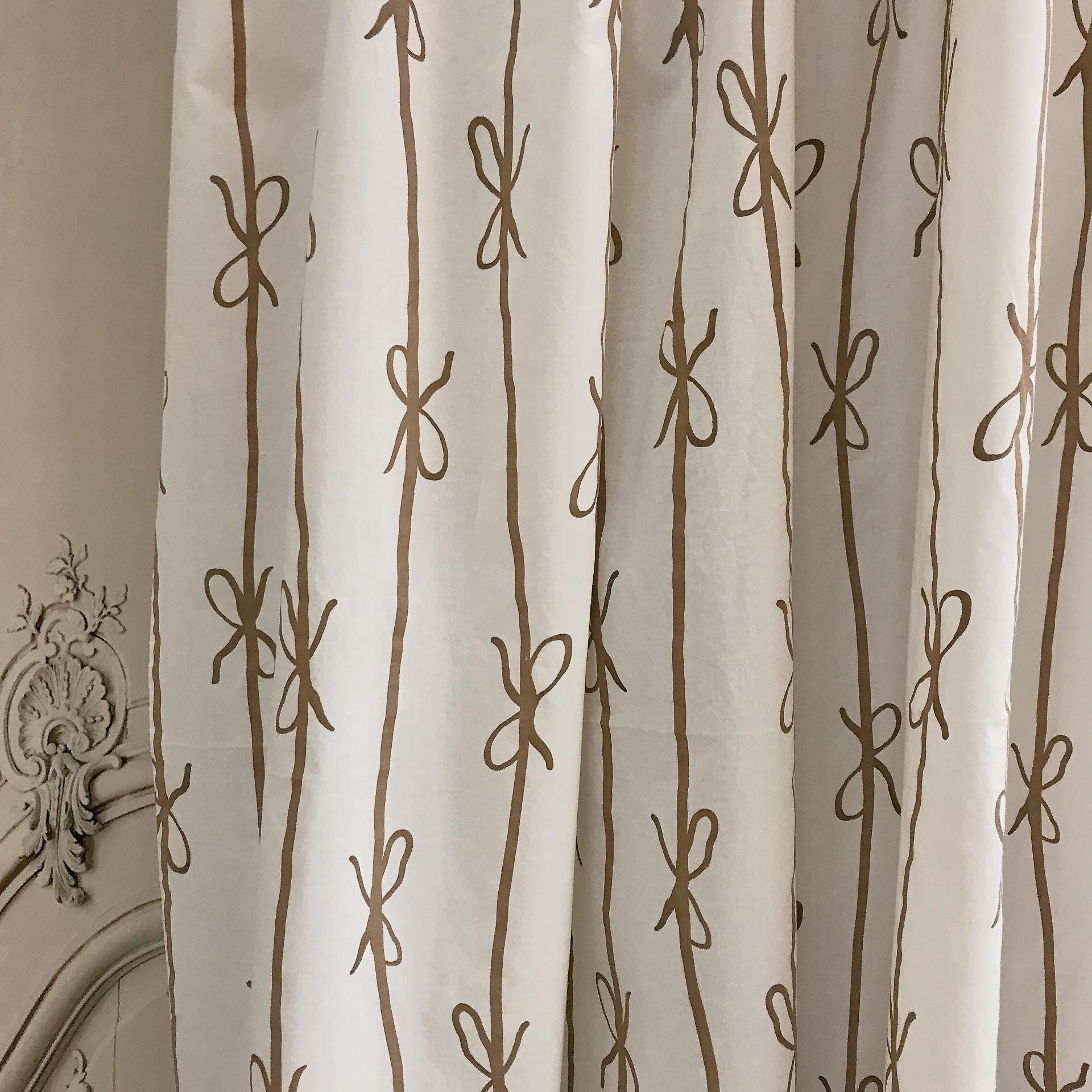 Brown Ribbon Print Curtain on White