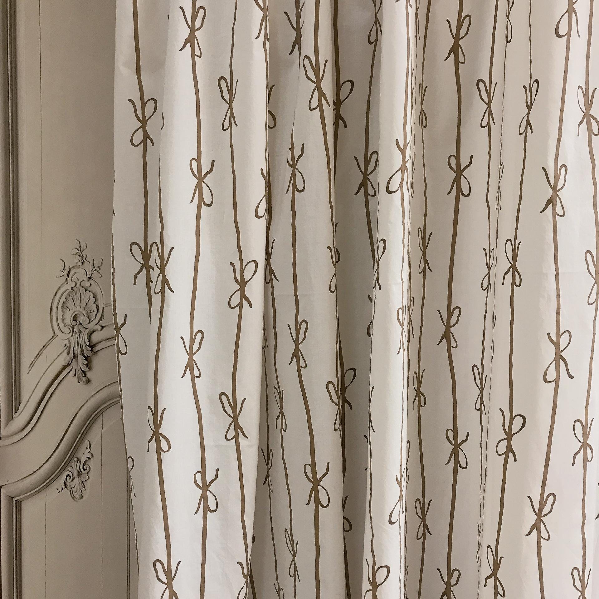 Brown Ribbon Print Curtain on White