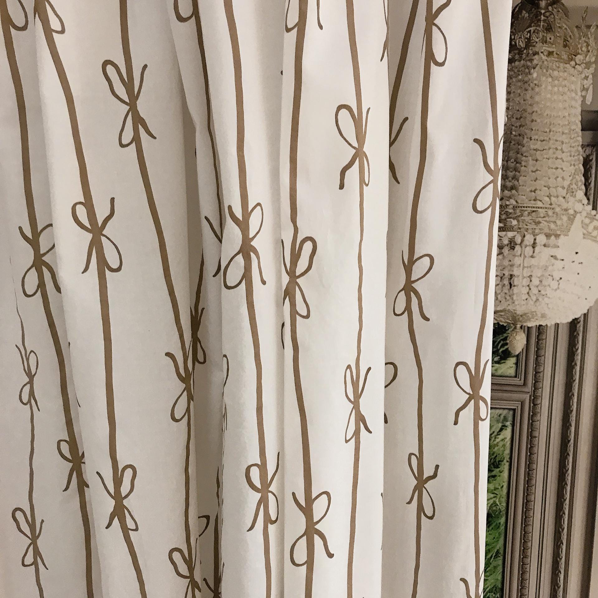 Brown Ribbon Print Curtain on White
