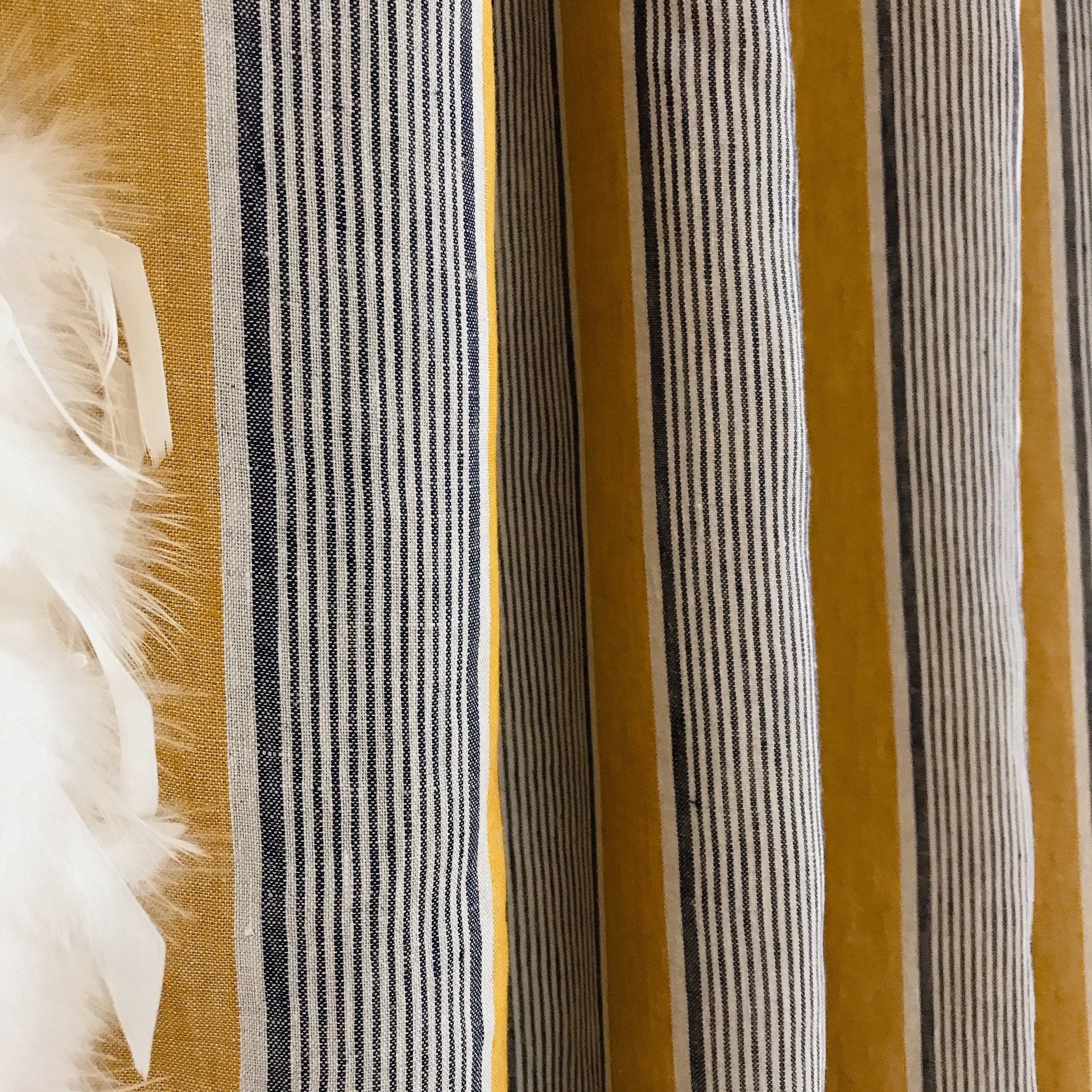 Indigo Blue Stripe Linen Curtain on Golden Mustard