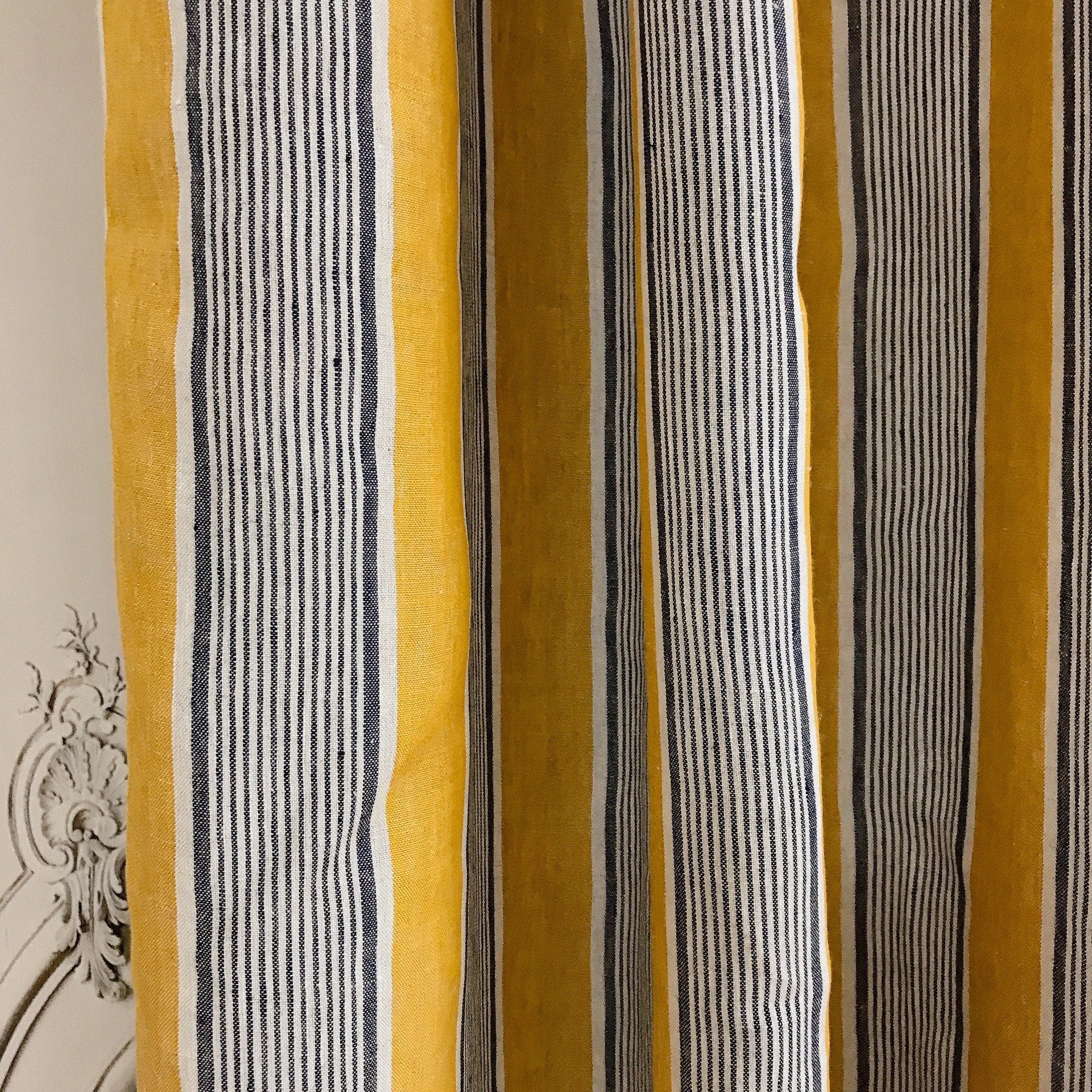 Indigo Blue Stripe Linen Curtain on Golden Mustard
