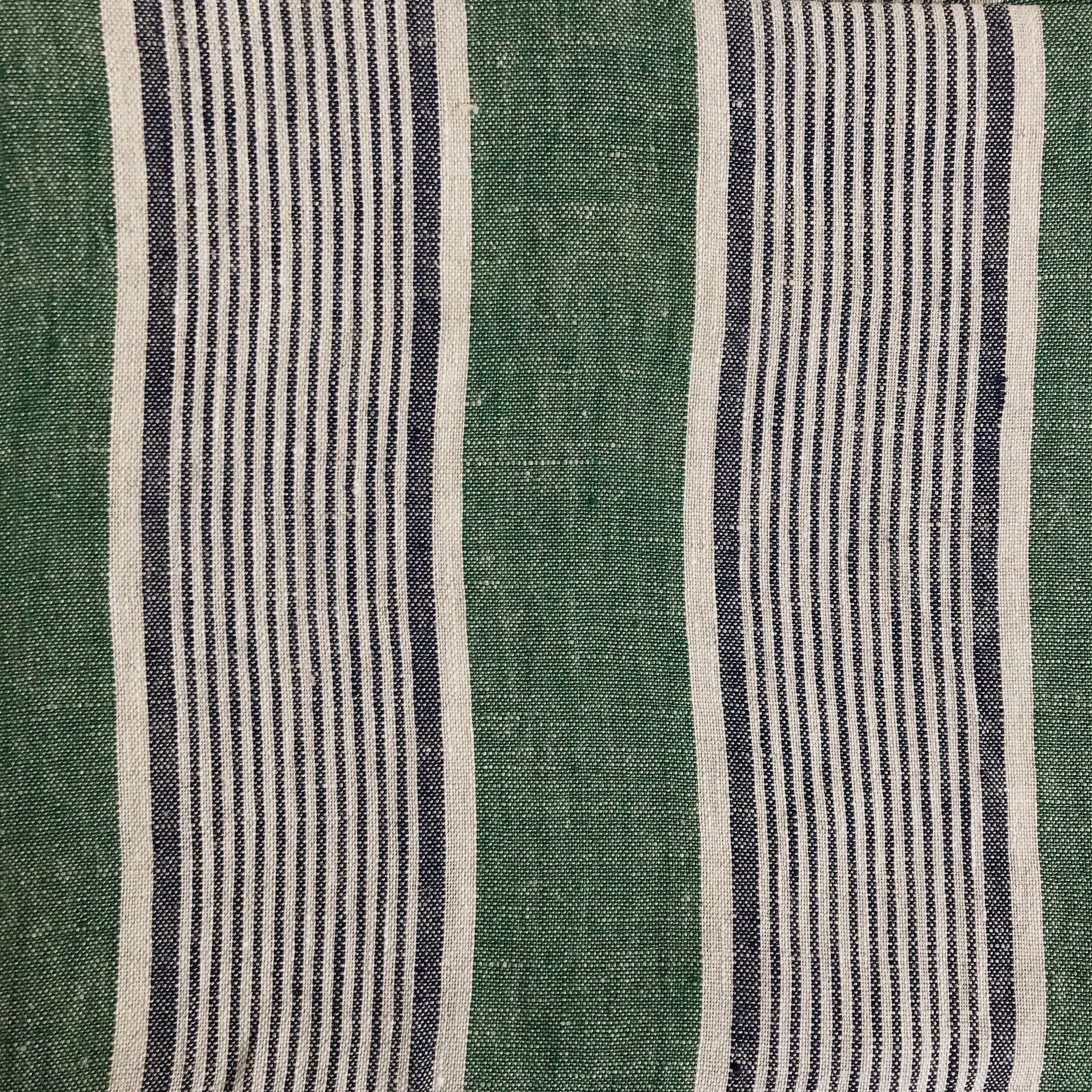 Indigo Blue Vertical Stripe Curtain on Faded Deep Green