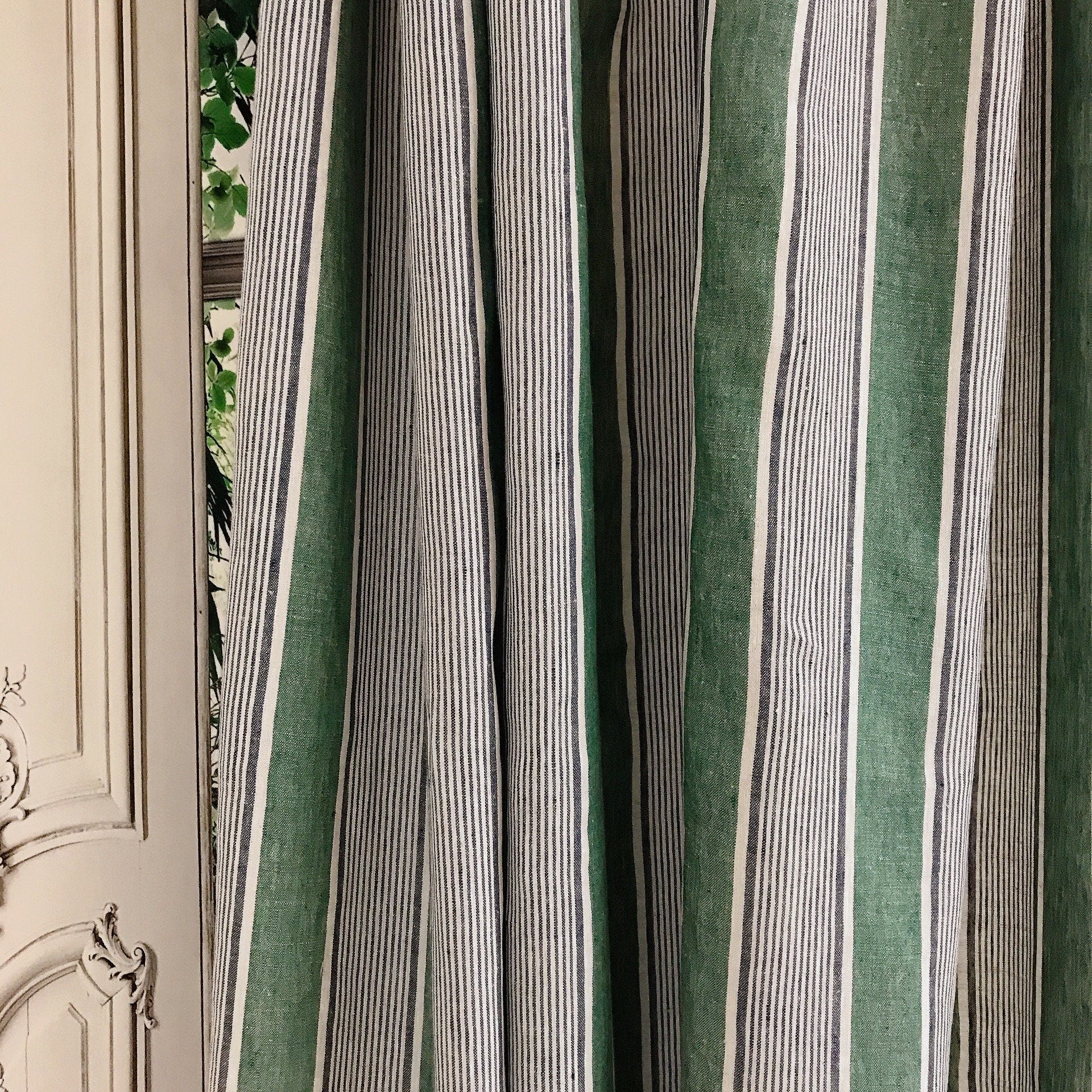 Indigo Blue Vertical Stripe Curtain on Faded Deep Green
