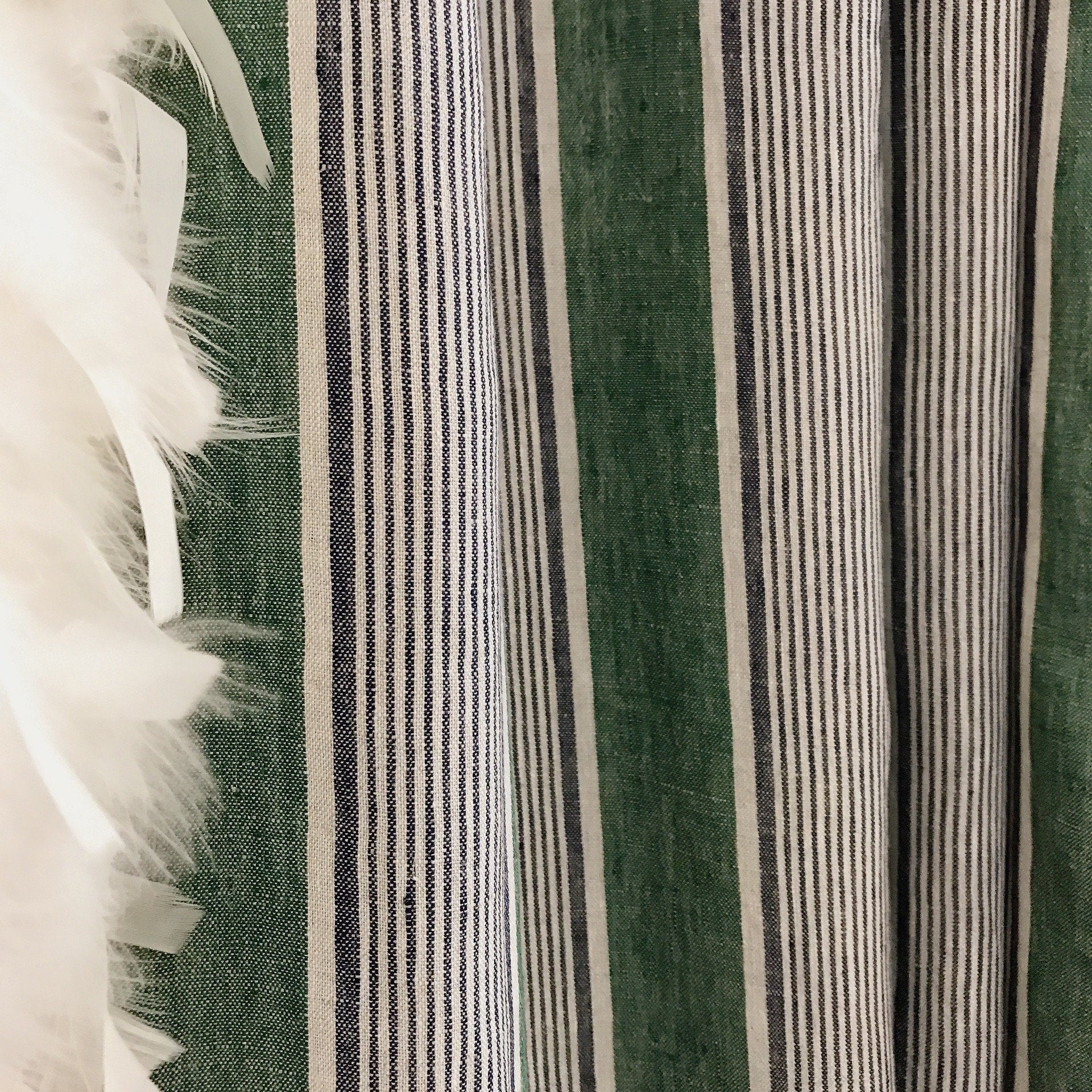 Indigo Blue Vertical Stripe Curtain on Faded Deep Green