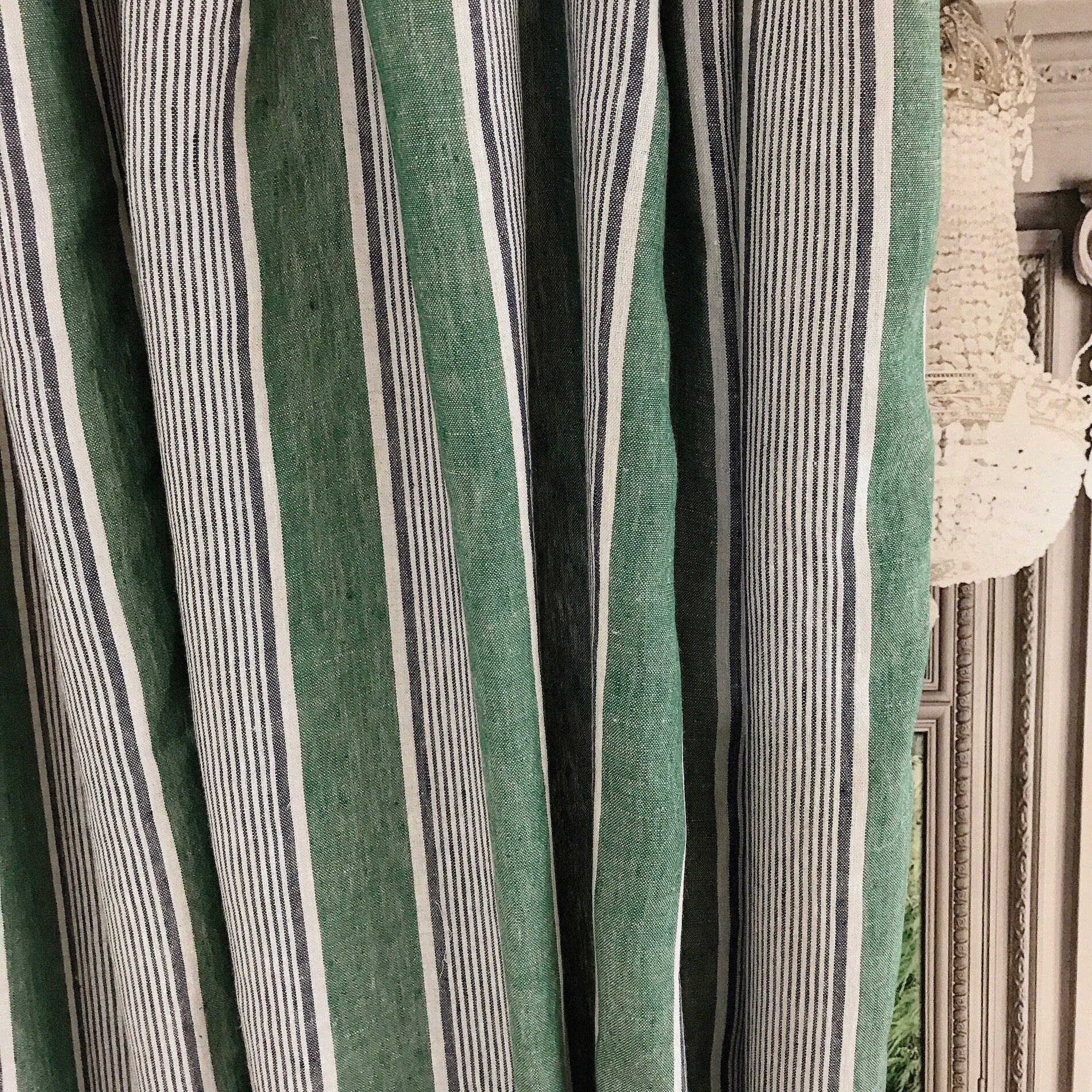 Indigo Blue Vertical Stripe Curtain on Faded Deep Green