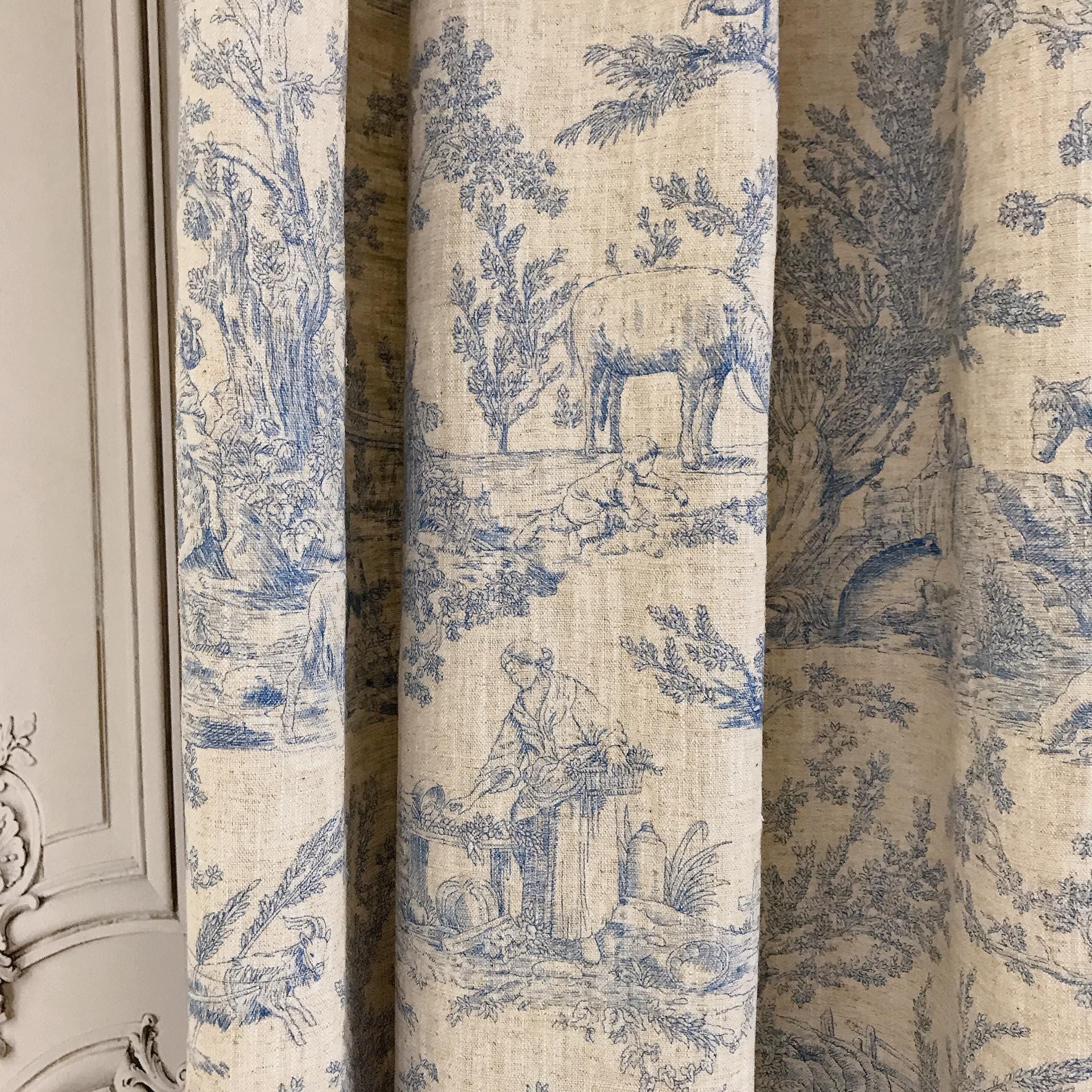 Blue Toile Curtain on Natural Beige