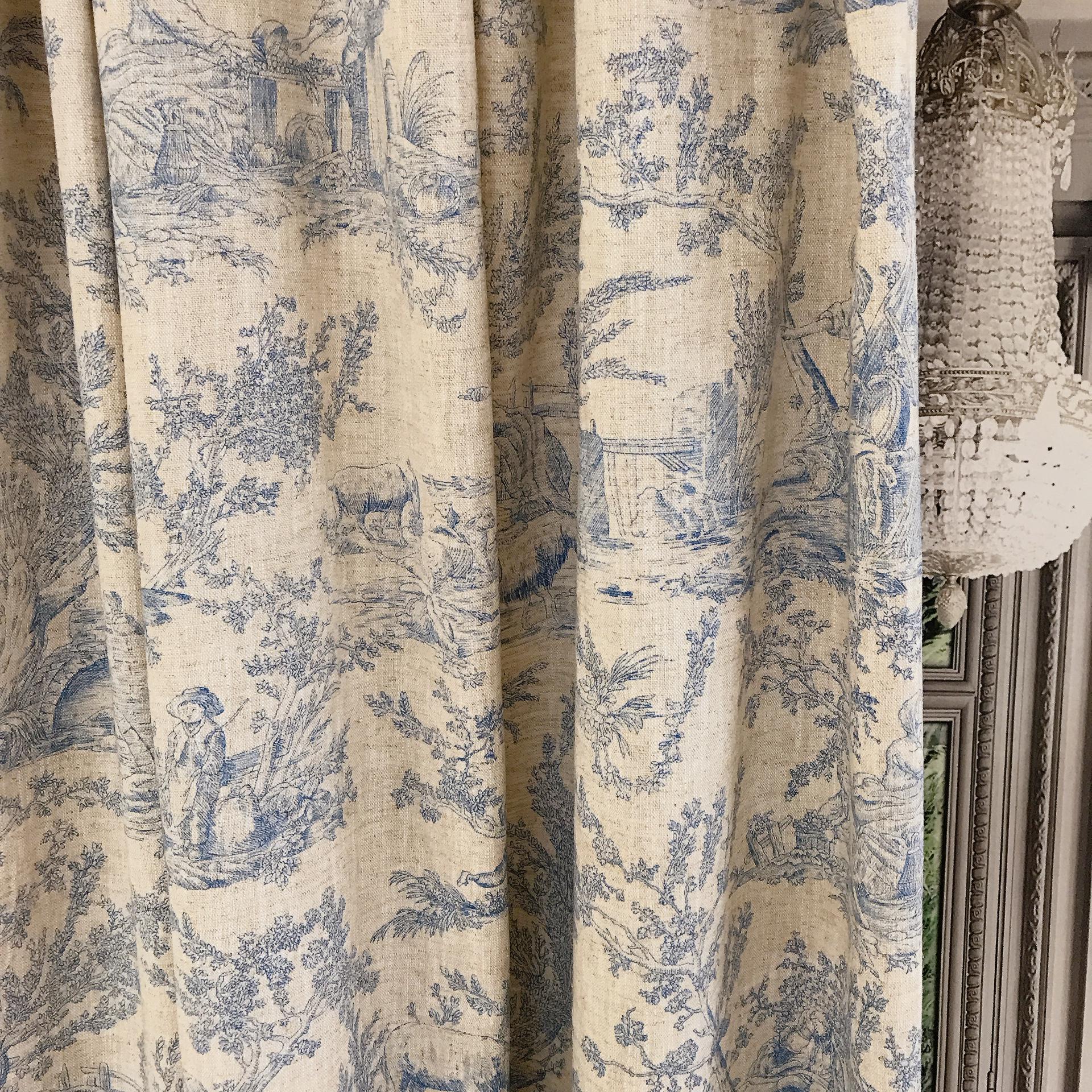 Blue Toile Curtain on Natural Beige