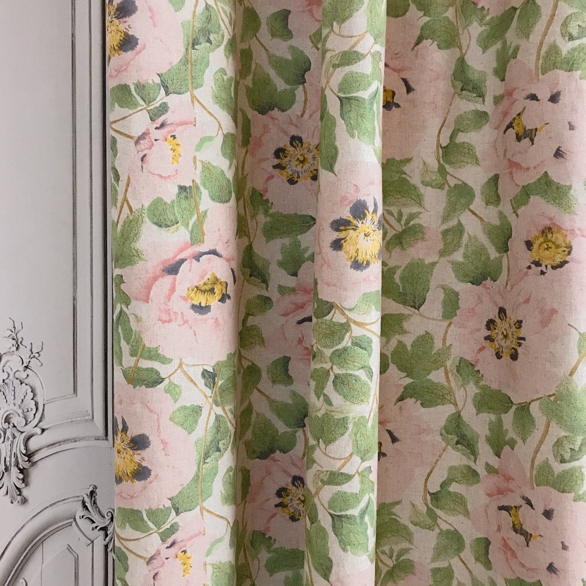 Pale Pink Peony Curtain on Natural Beige