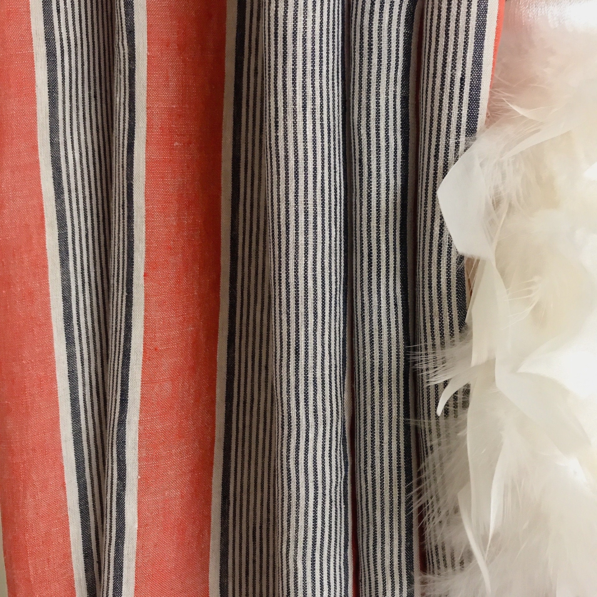 Indigo Blue Vertical Stripe Curtain on Faded Scarlet Red