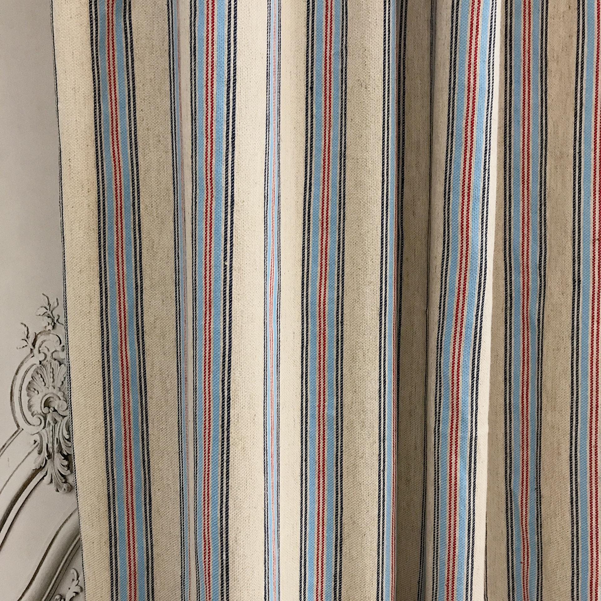 Indigo Light Blue Red Vertical Stripe Curtain on Natural Beige