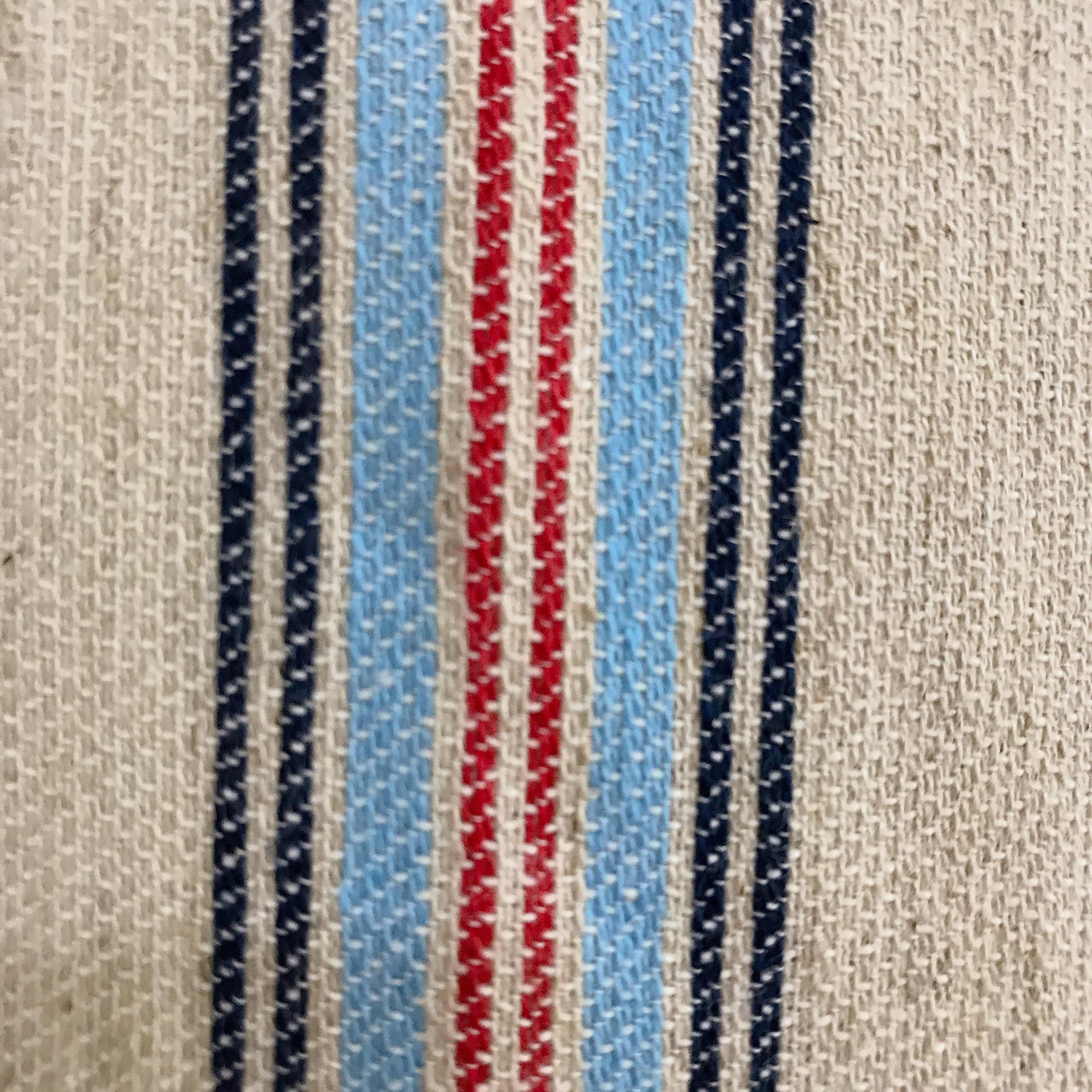 Indigo Light Blue Red Vertical Stripe Curtain on Natural Beige