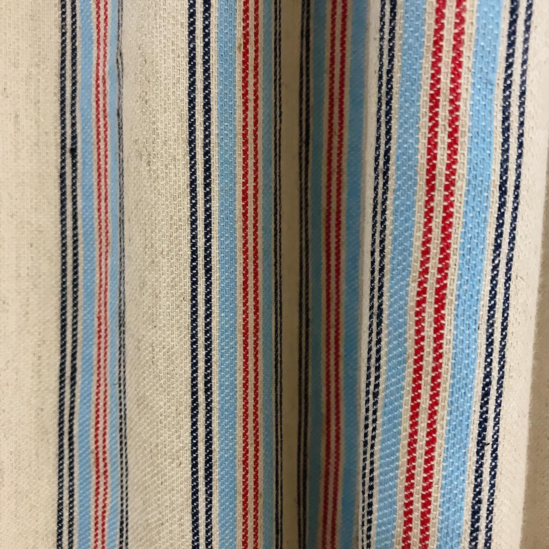 Indigo Light Blue Red Vertical Stripe Curtain on Natural Beige
