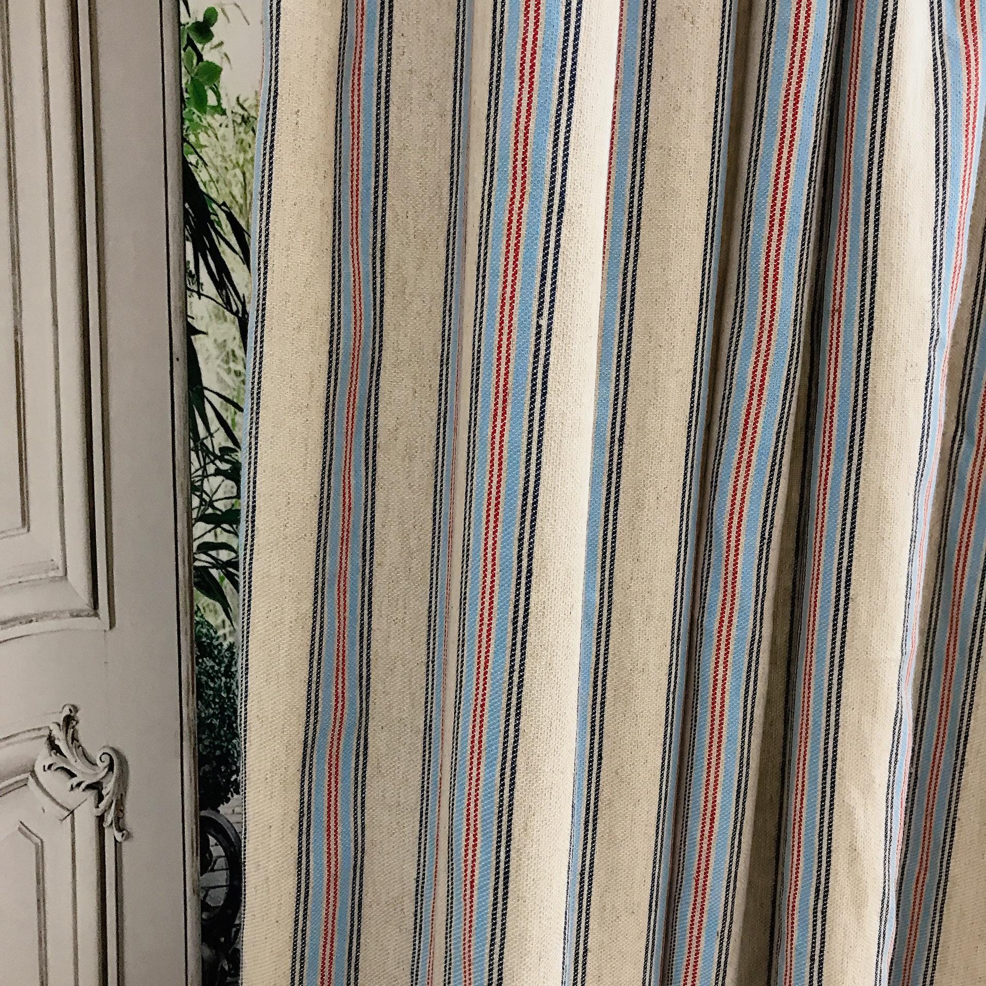 Indigo Light Blue Red Vertical Stripe Curtain on Natural Beige