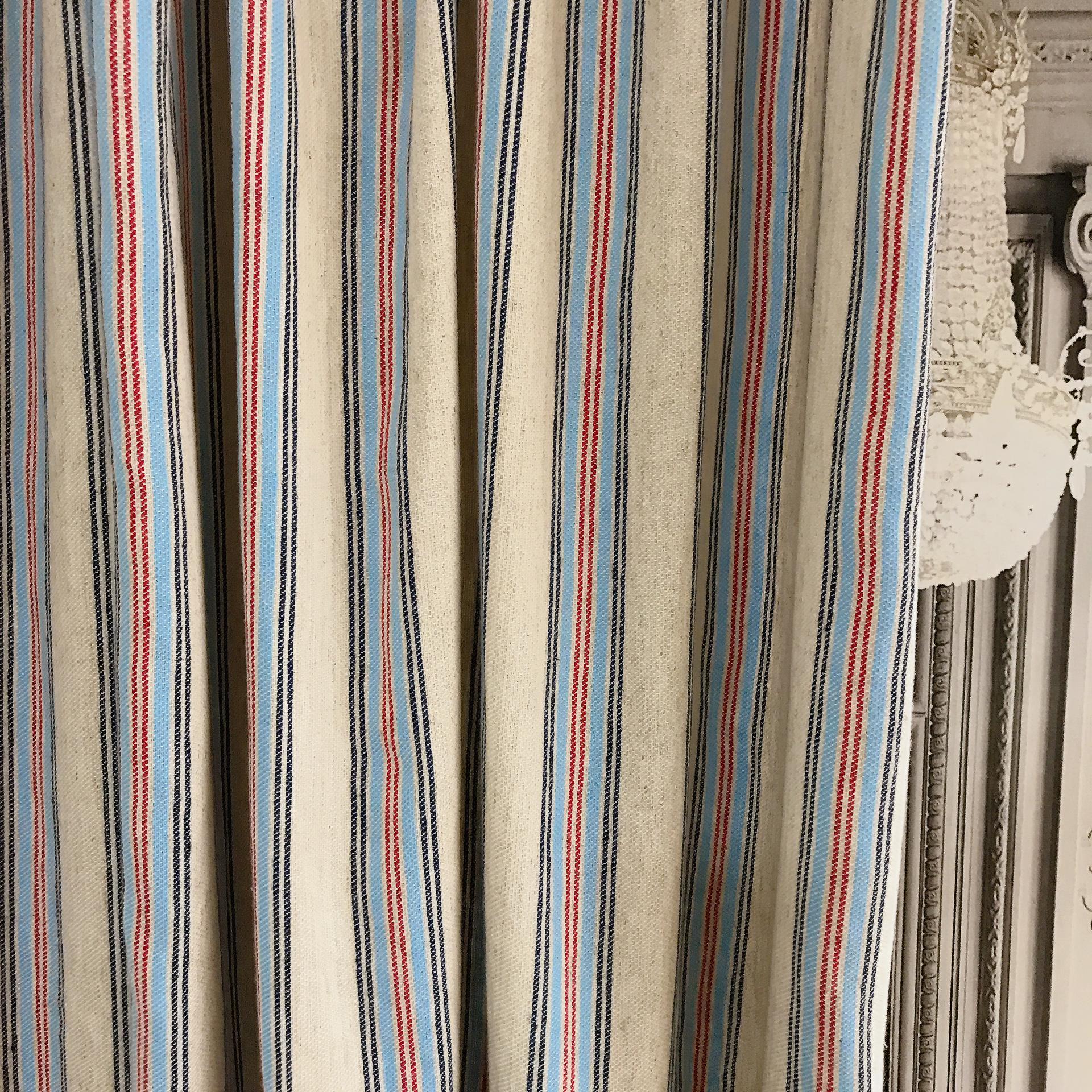 Indigo Light Blue Red Vertical Stripe Curtain on Natural Beige