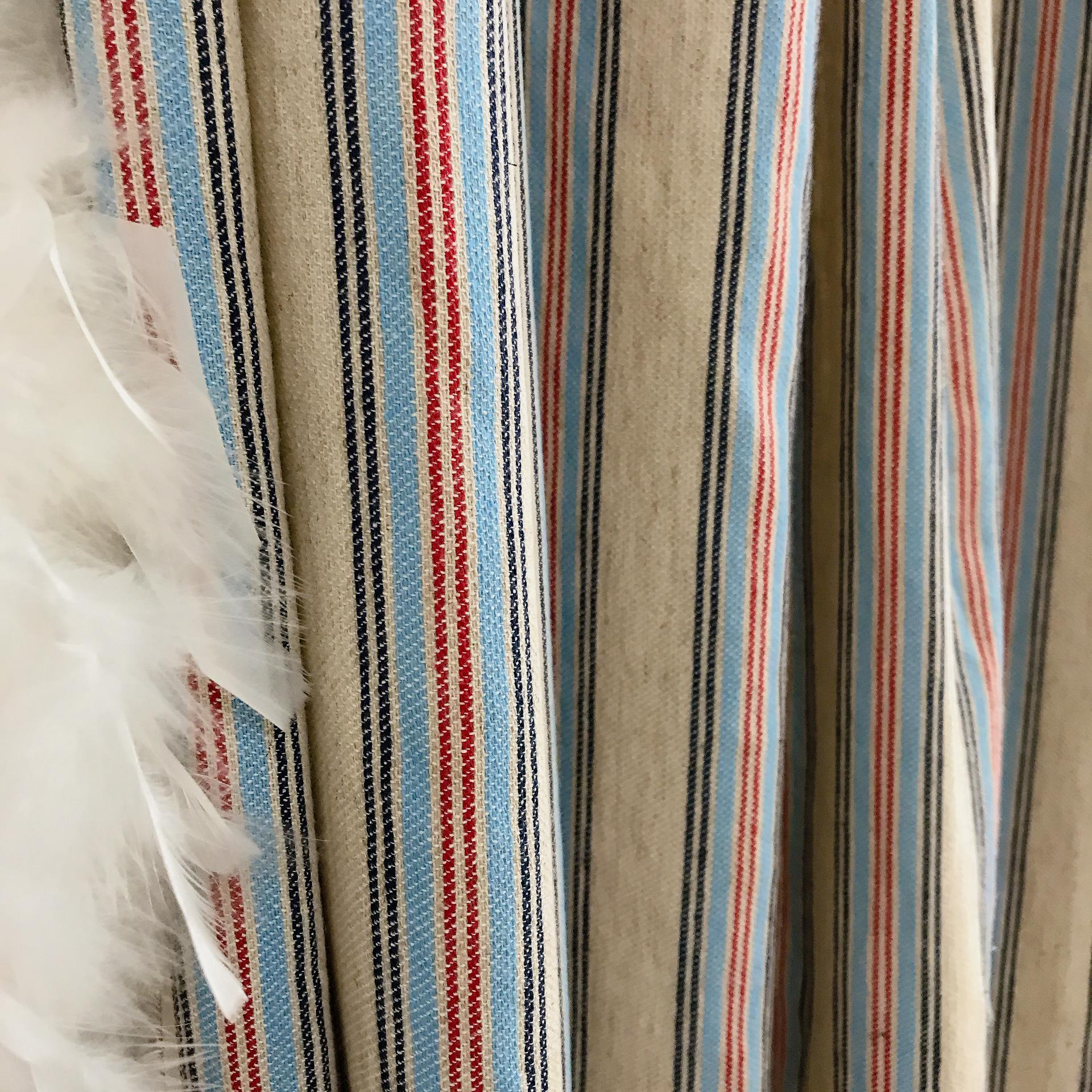 Indigo Light Blue Red Vertical Stripe Curtain on Natural Beige