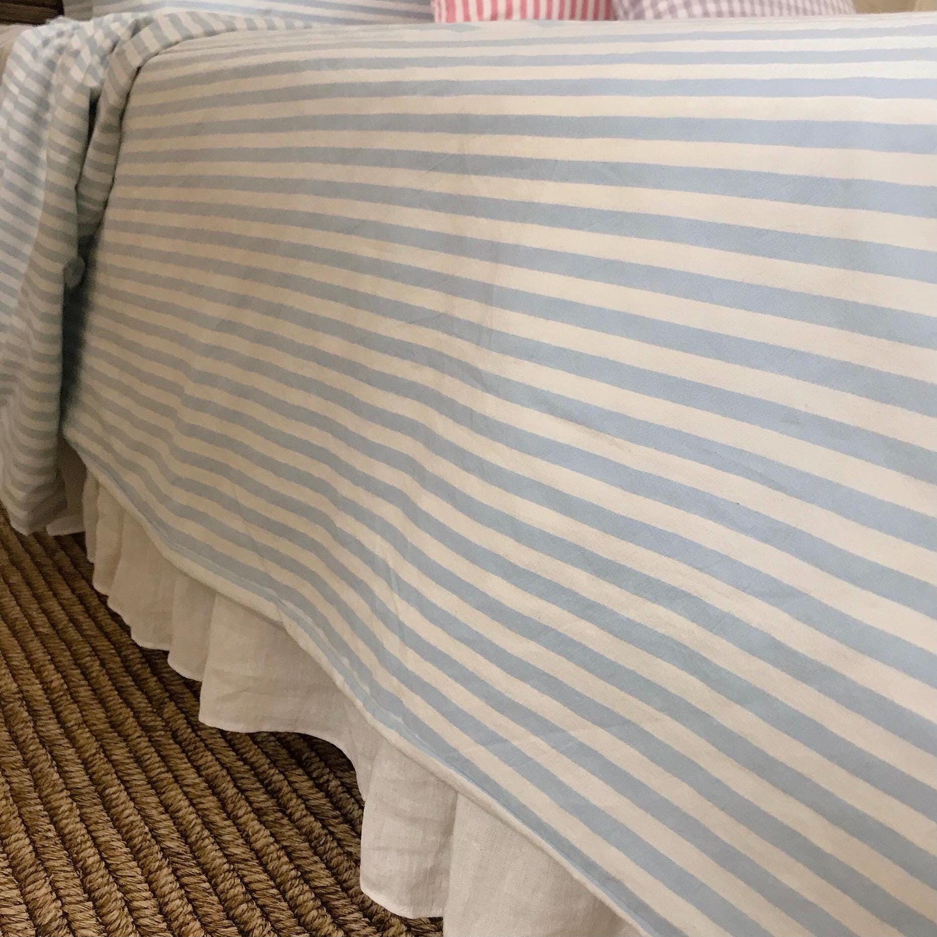 Modern Vintage Faded Light Blue Striped Pattern Washed Cotton Ivory Background Duvet Cover Twin Queen Full King CalKing