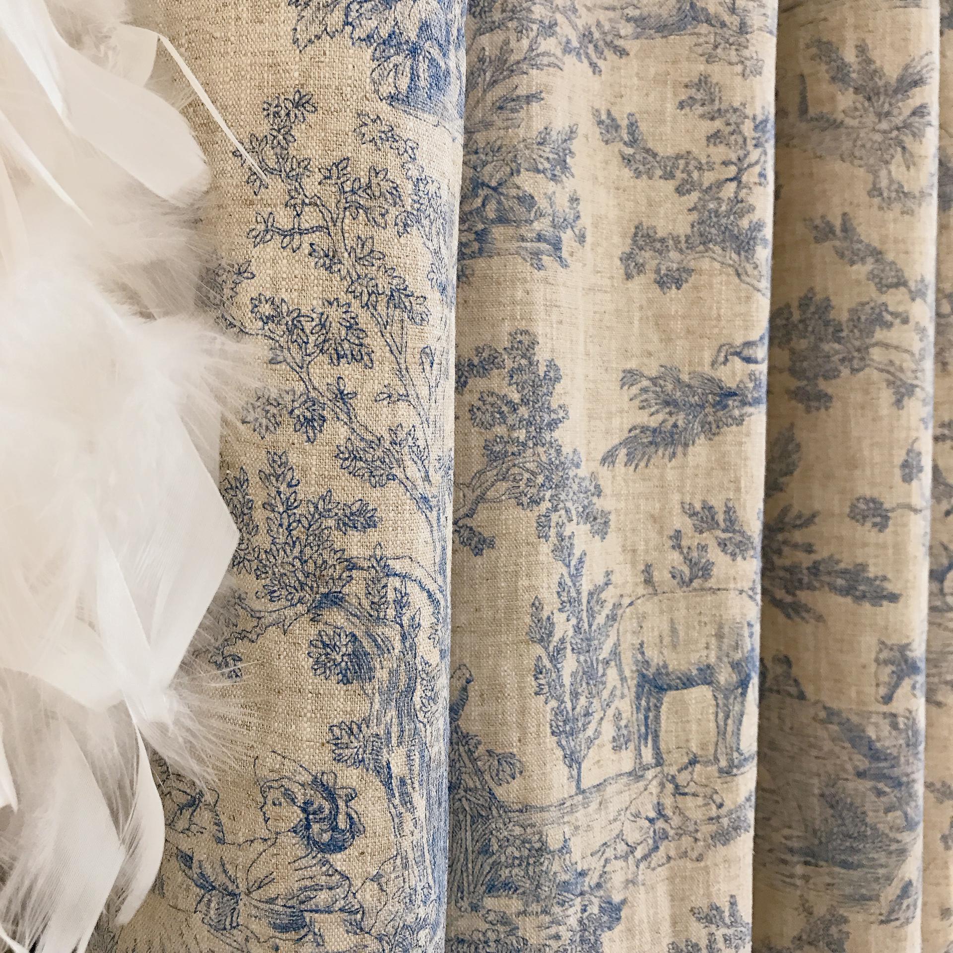 Blue Toile Curtain on Natural Beige
