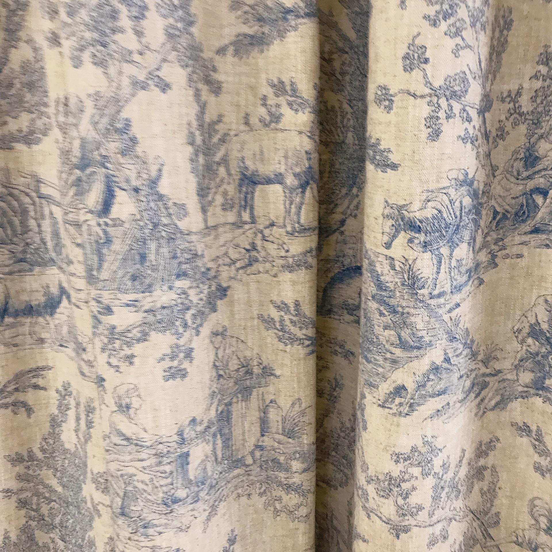Blue Toile Curtain on Natural Beige