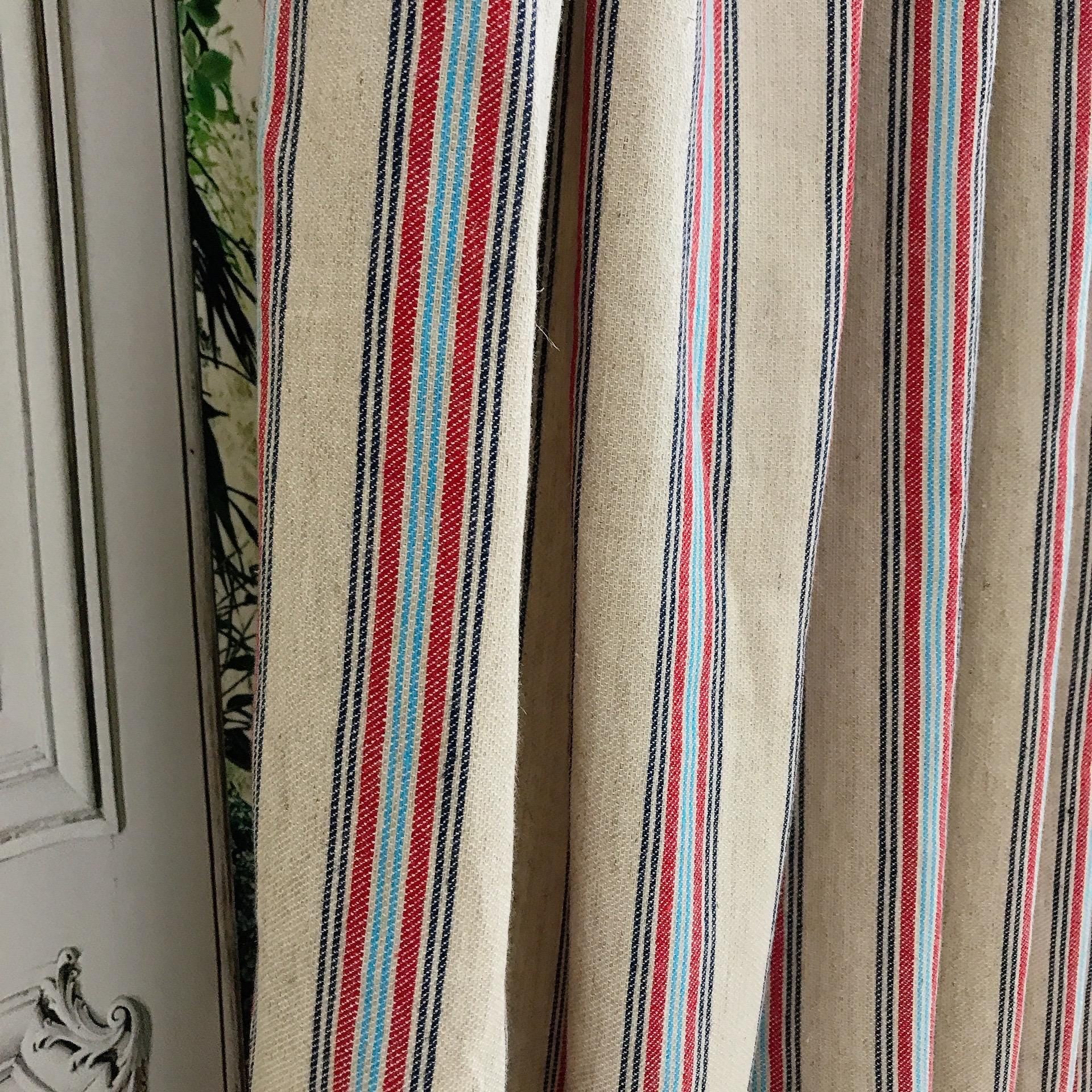 Indigo Red and Light Blue Vertical Stripe Curtain on Natural Beige