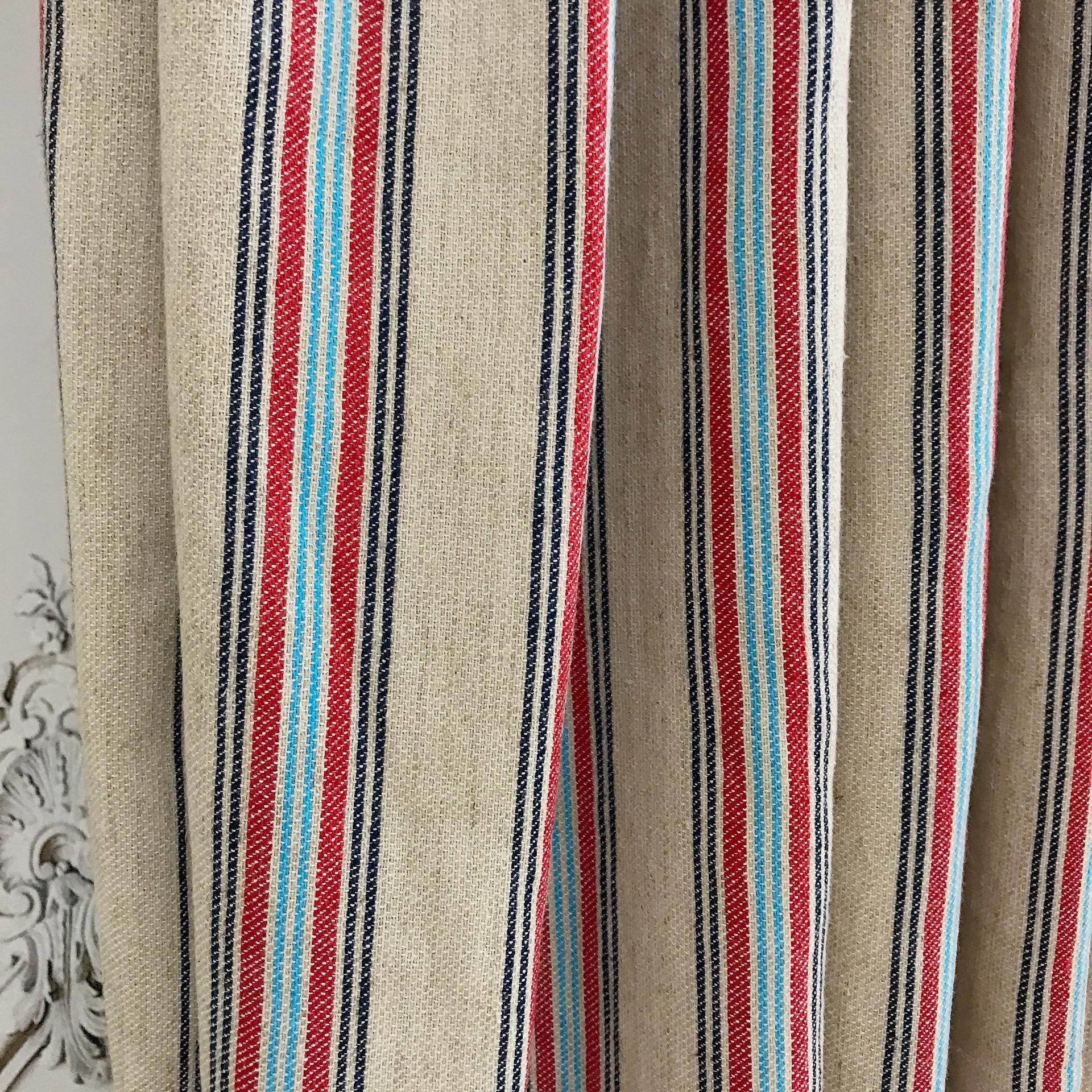 Indigo Red and Light Blue Vertical Stripe Curtain on Natural Beige